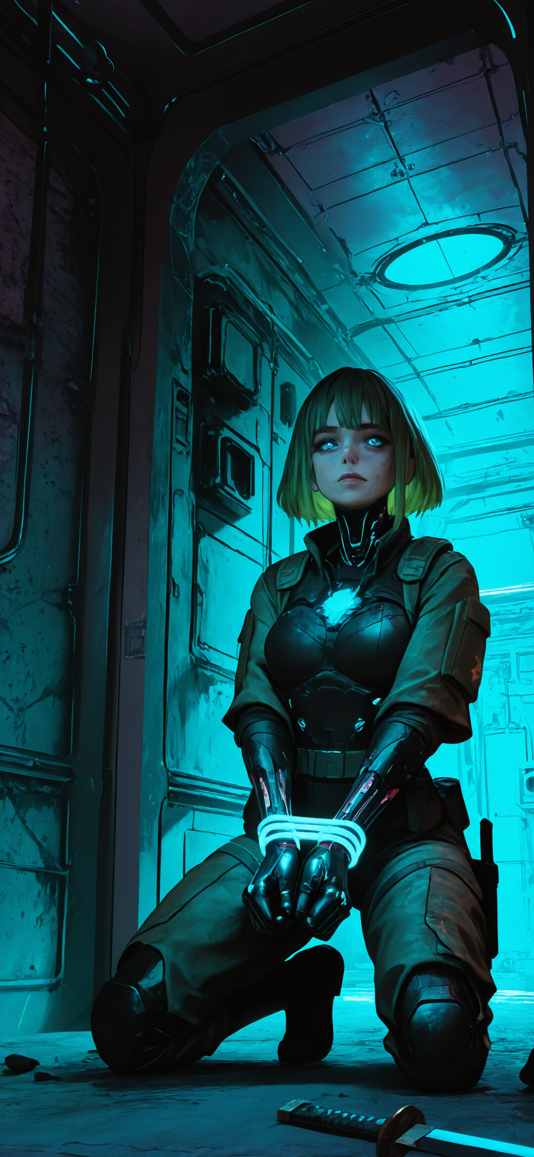 A digital illustration of a female soldier with short green hair kneeling on the floor of a dark, sci-fi corridor. She wears a uniform with an Umbrella Corporation patch and her hands are bound. A silhouetted figure with a sword is visible in a doorway behind her.