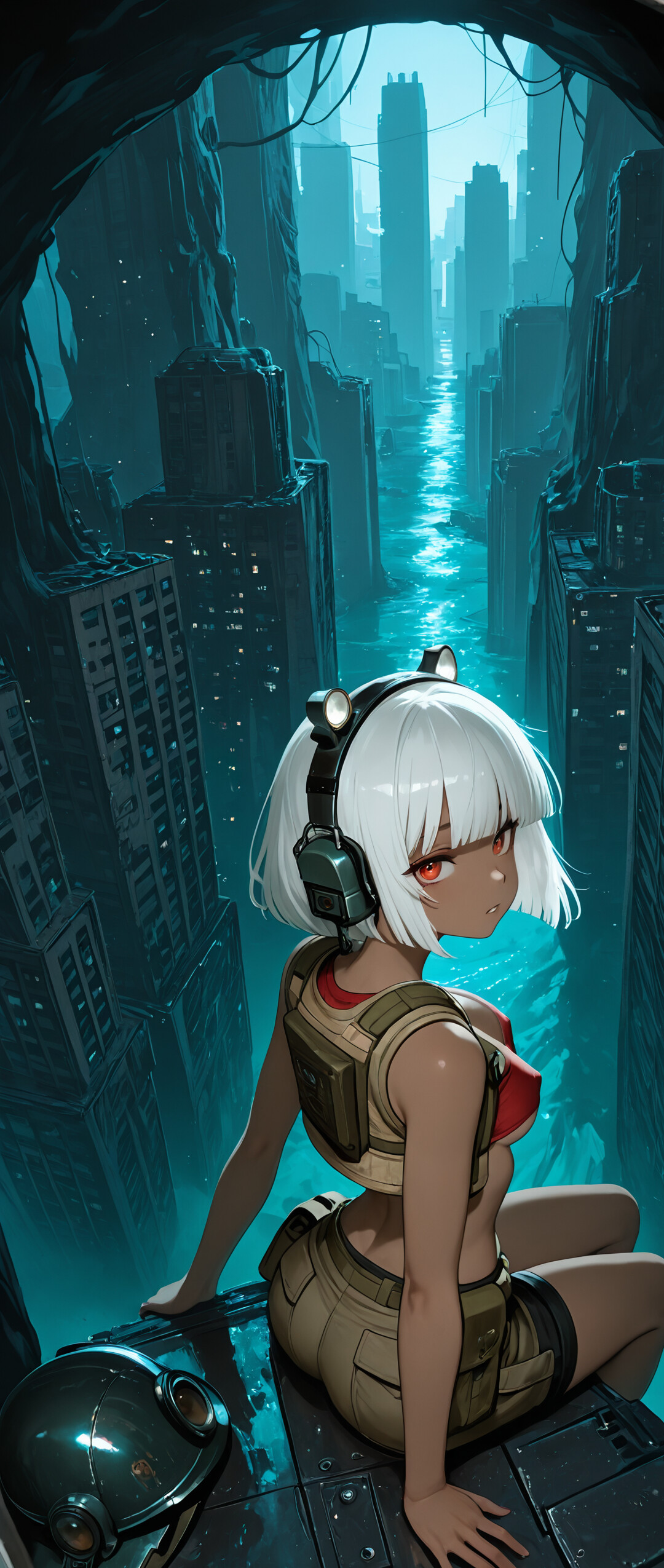An anime-style illustration of a young woman with dark skin and short white hair, wearing a mining helmet and utility vest. She is sitting on the edge of a ruined structure, looking over a vast, subterranean city with glowing turquoise water flowing through its canyons.