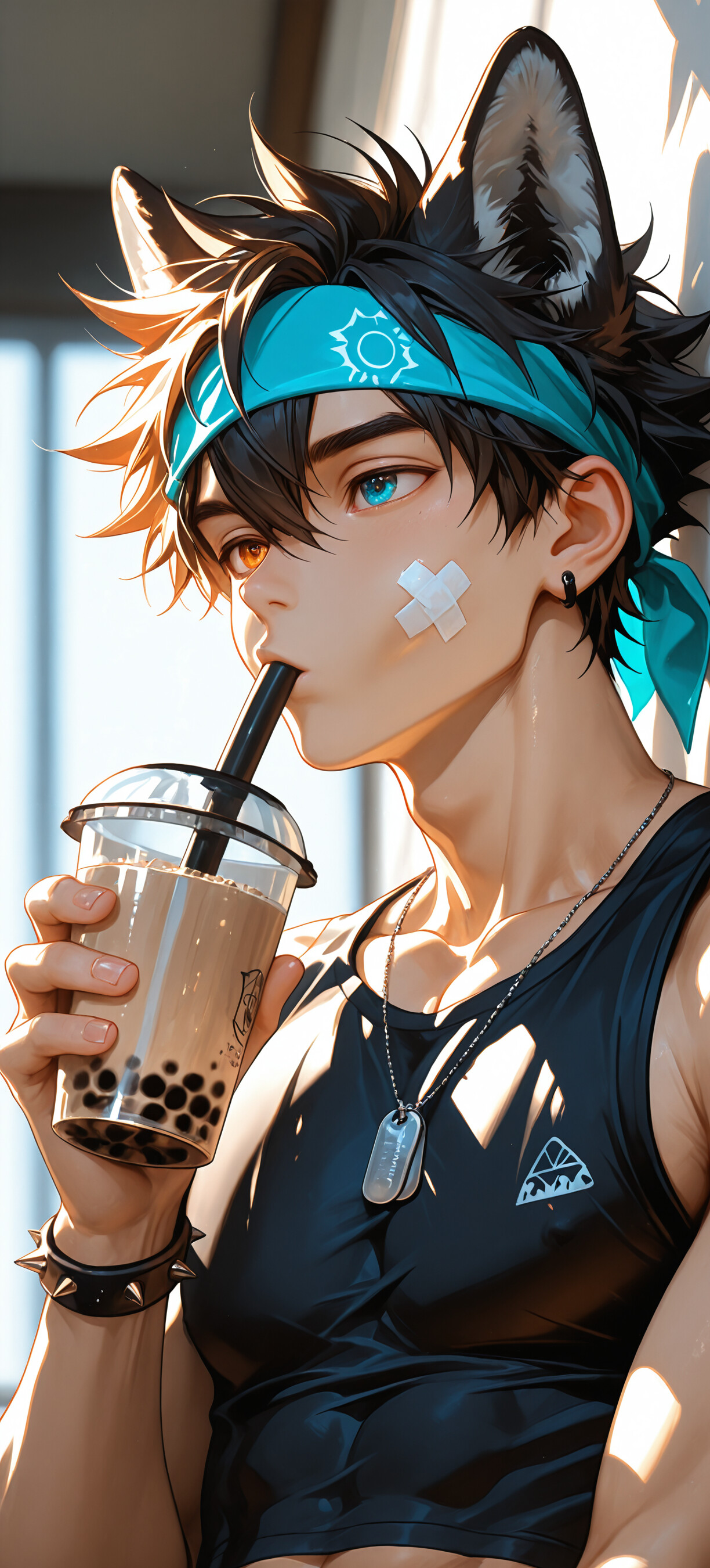 An anime-style illustration of a young man with white hair, wolf ears, and different colored eyes (one gold, one blue), lying down and drinking bubble tea through a straw.
