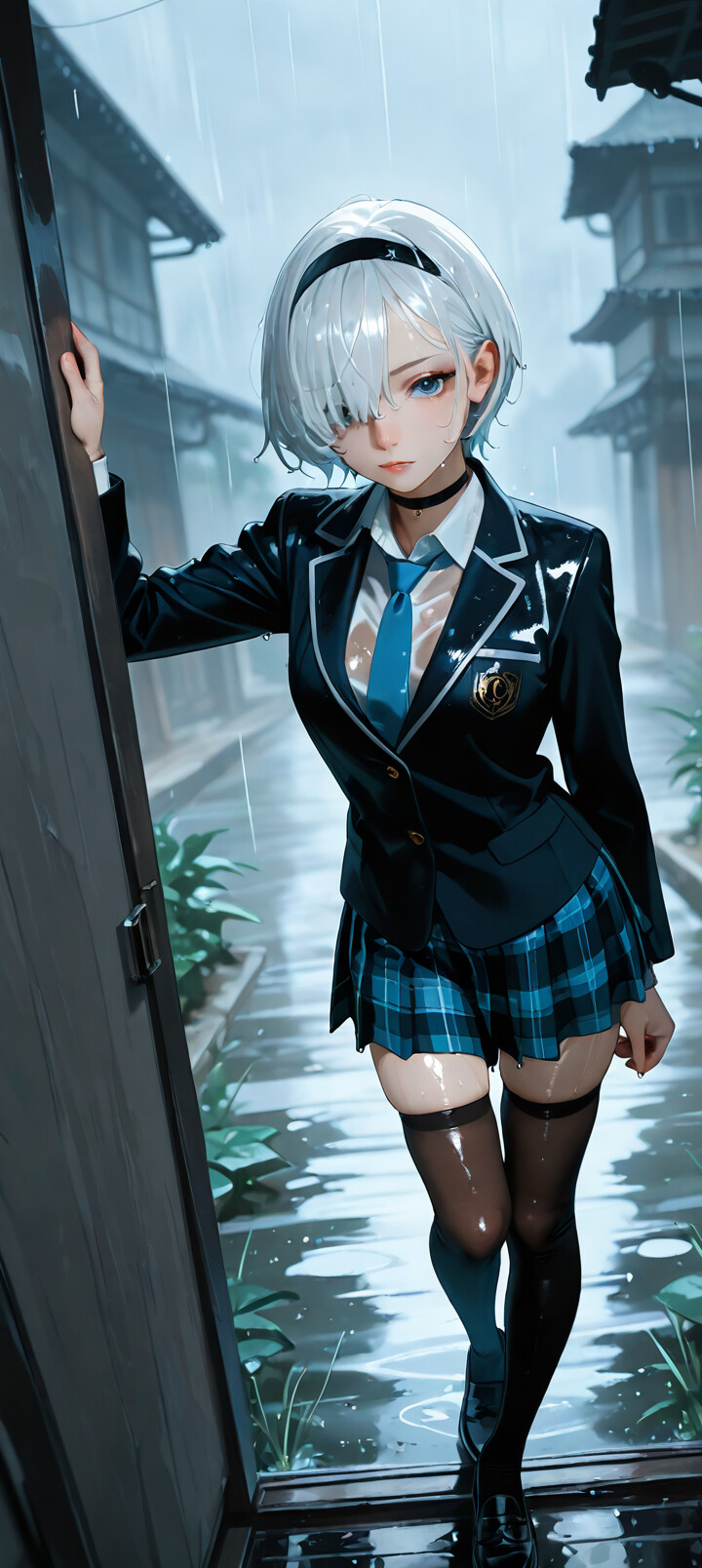 A full-body illustration of 2B from NieR:Automata with short white hair and a black hairband. She is wearing a wet school uniform consisting of a black blazer, blue plaid skirt, and black thigh-high stockings while standing in a rainy alley between old Japanese houses.