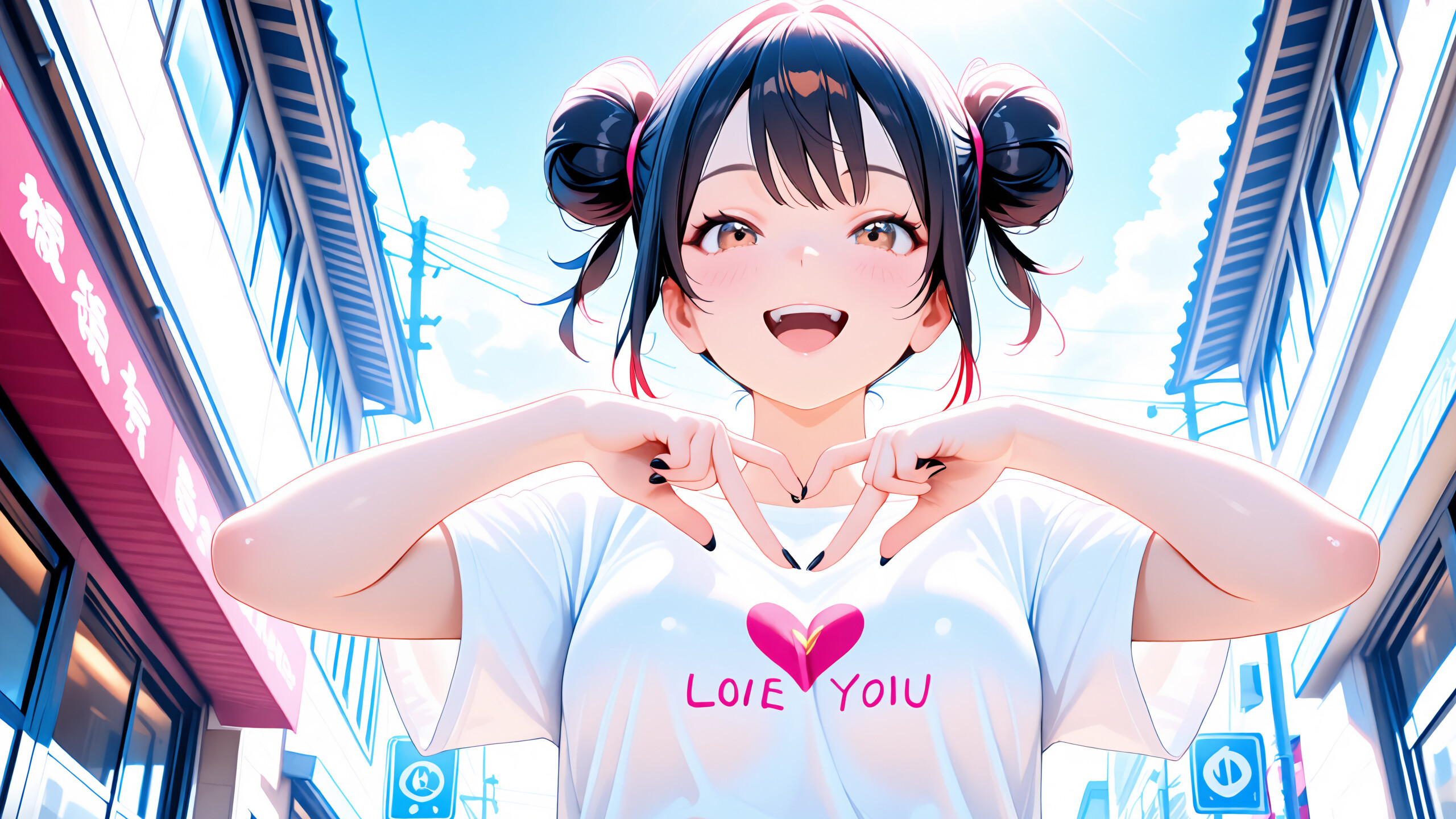 An anime girl with black hair in double buns smiles happily while making a heart shape with her hands on a sunny day in the city.