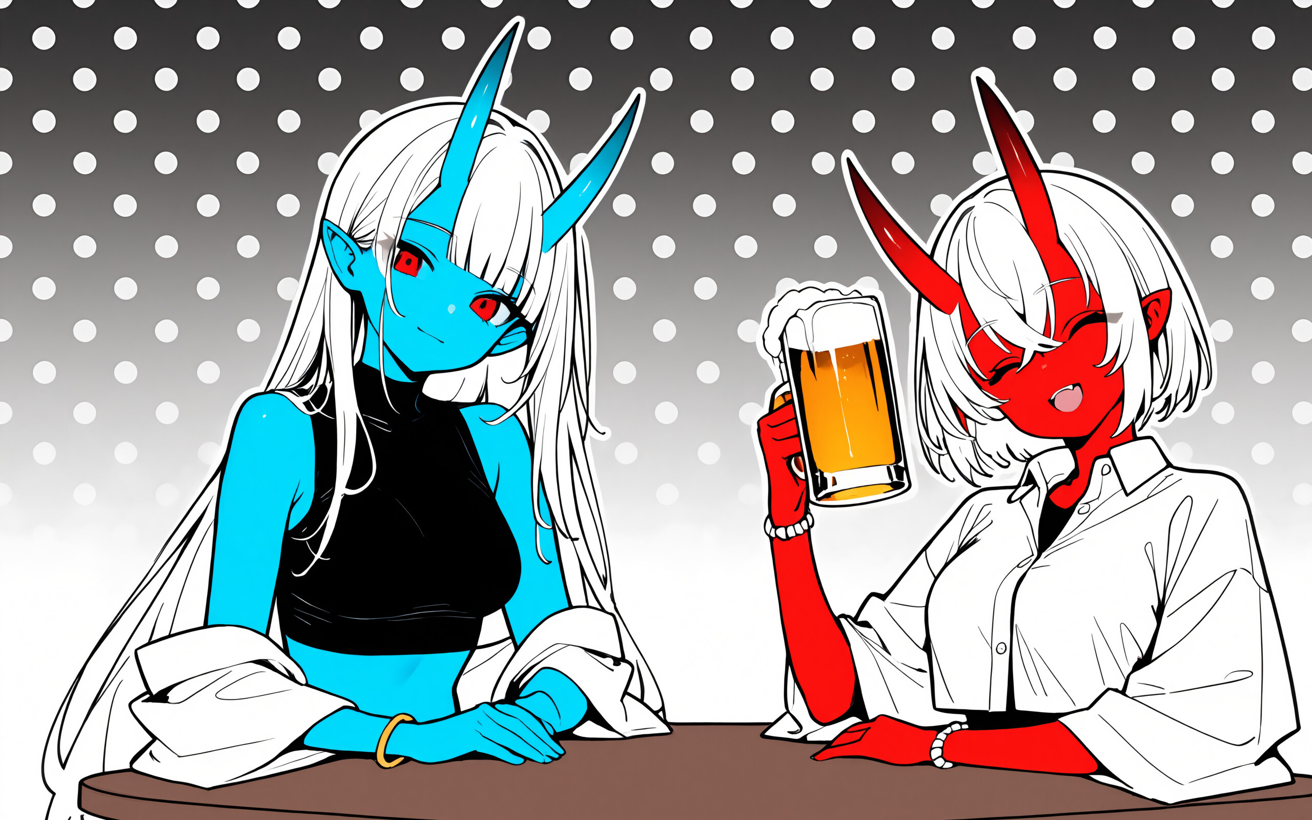 An anime-style illustration of a blue-skinned oni girl with long white hair sitting at a red table, while a red-skinned oni girl cheers with a drink in the background against a polka-dotted backdrop.