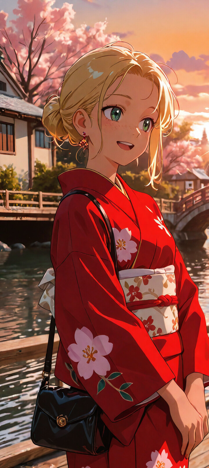 A young blonde woman with green eyes, wearing a red floral kimono, smiles while standing by a canal in a traditional Japanese town at sunset.