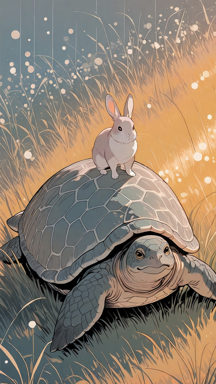 A modern anime-style illustration of a cute rabbit standing on the back of a large turtle as they cross a grassy field.