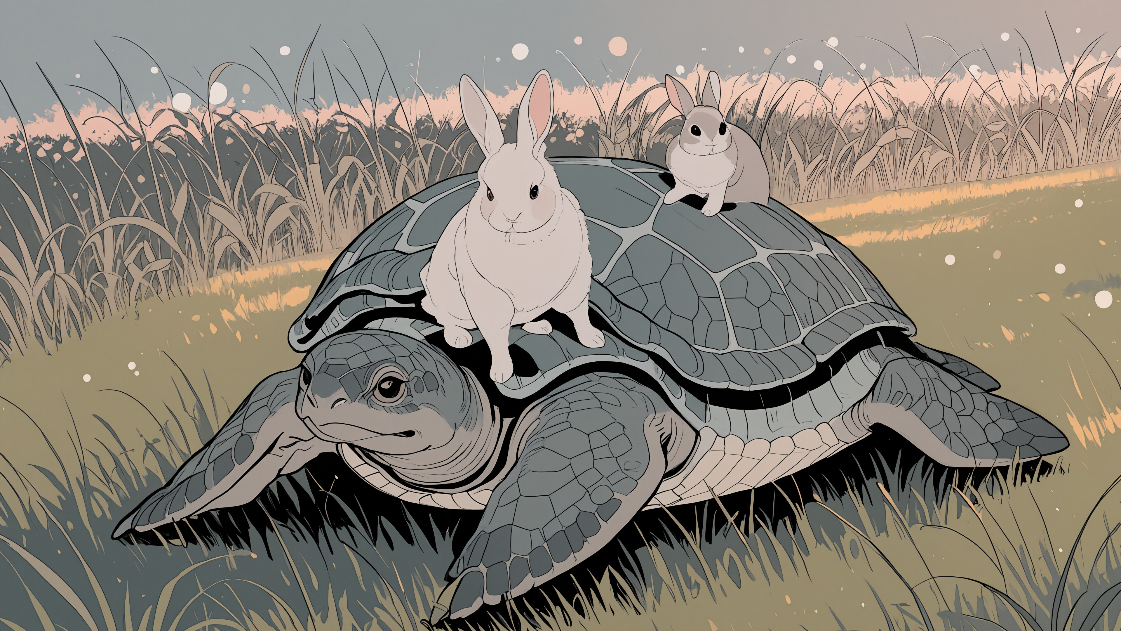A modern anime-style illustration of a cute rabbit standing on the back of a large turtle as they cross a grassy field.