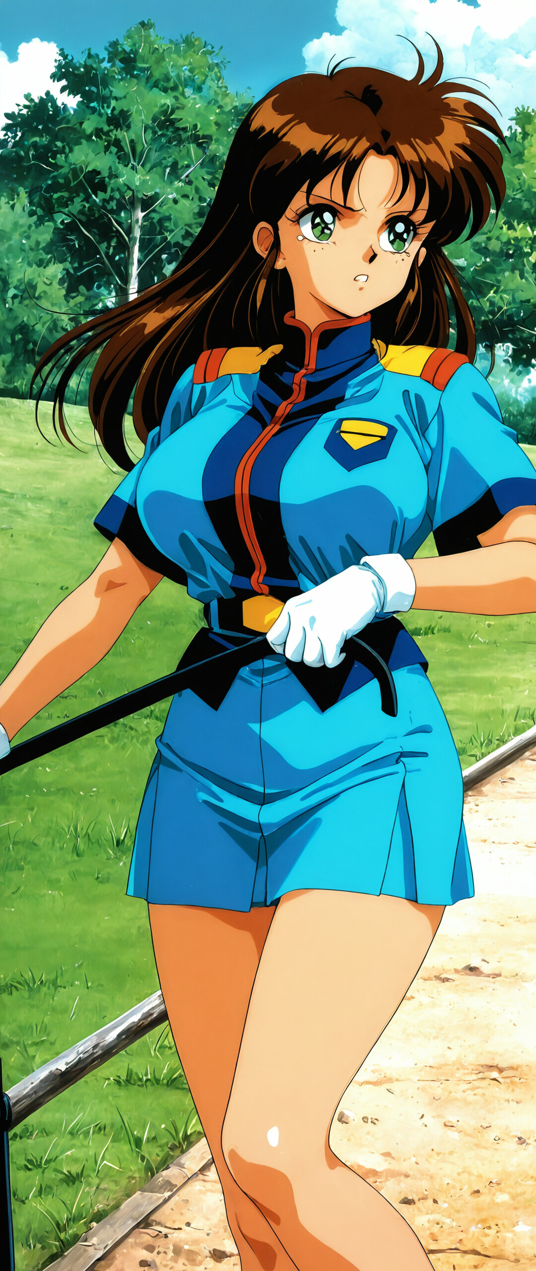 Anime illustration of Natsumi Tsujimoto from 'You're Under Arrest' crouching in a park. She has tousled brown hair, green eyes, and wears a blue police uniform with white gloves, looking determinedly to the side with a slight pout.