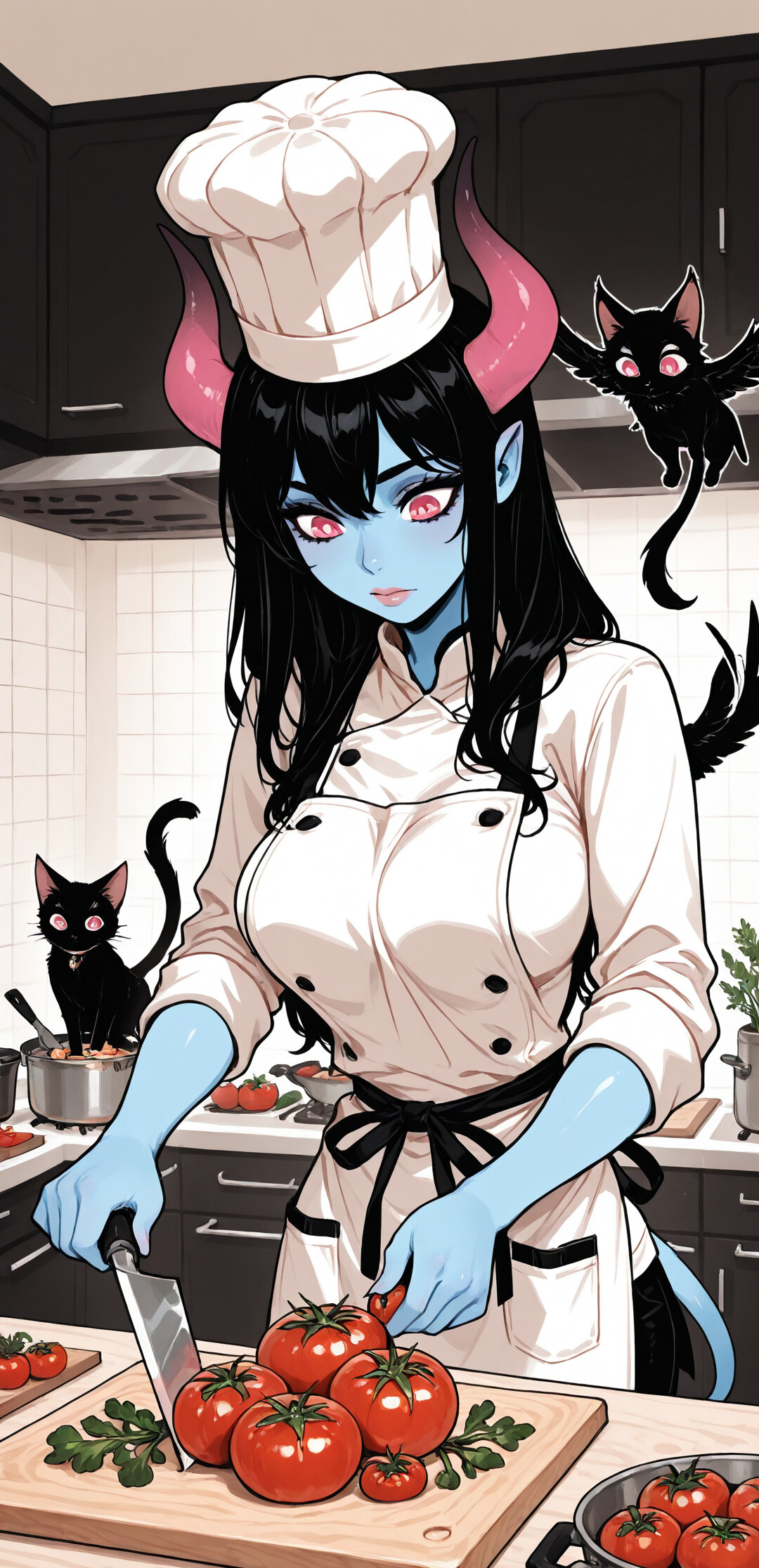 A blue-skinned demon girl with pink horns wearing a chef's hat and apron, cutting a tomato in a kitchen while a small black cat with wings floats beside her.