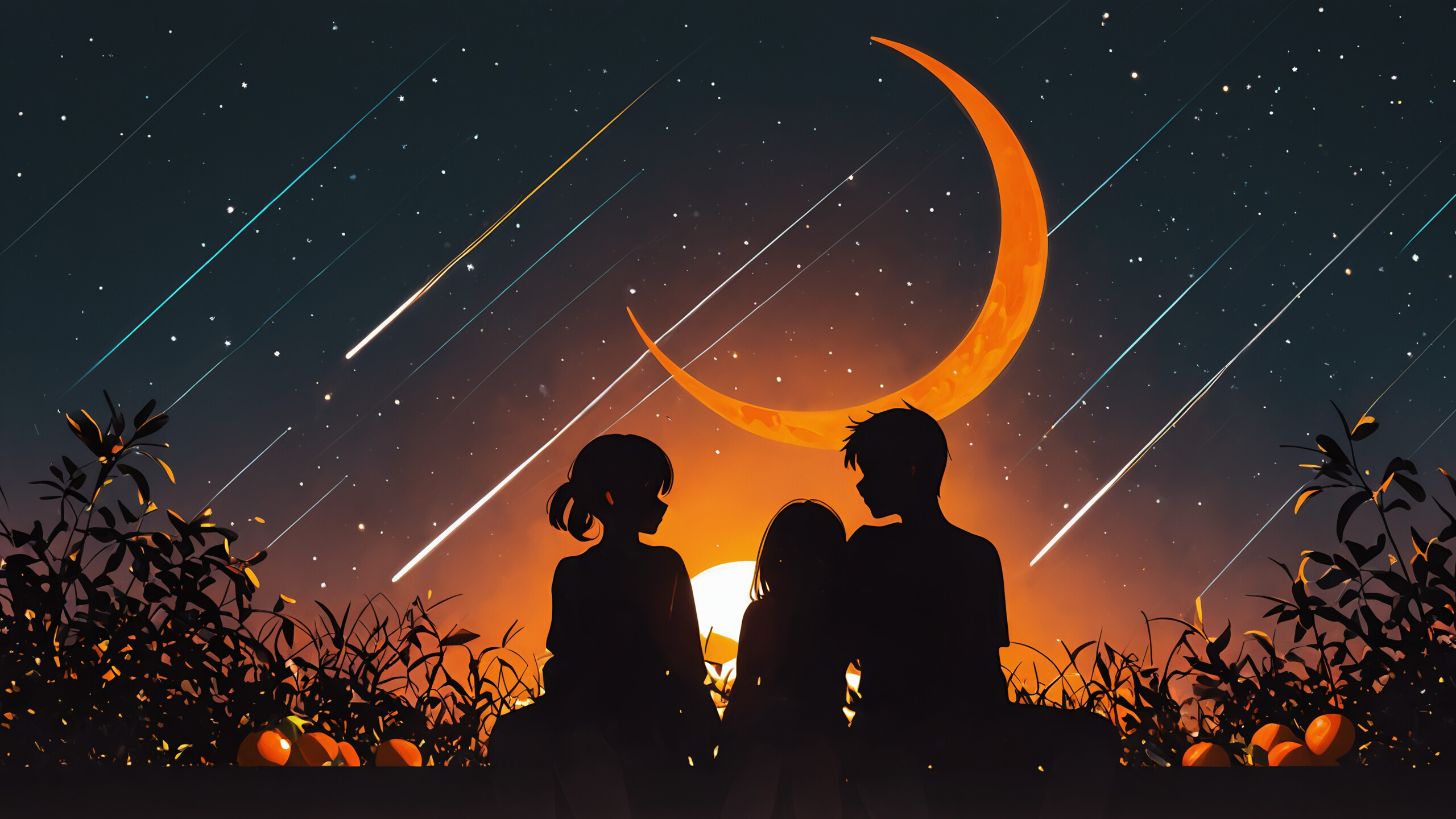 A vertical illustration of three silhouetted figures against a starry night sky. A taller figure, a father, stands behind two smaller, seated children. A large crescent moon and shooting stars are visible in the dark sky above an orange horizon.