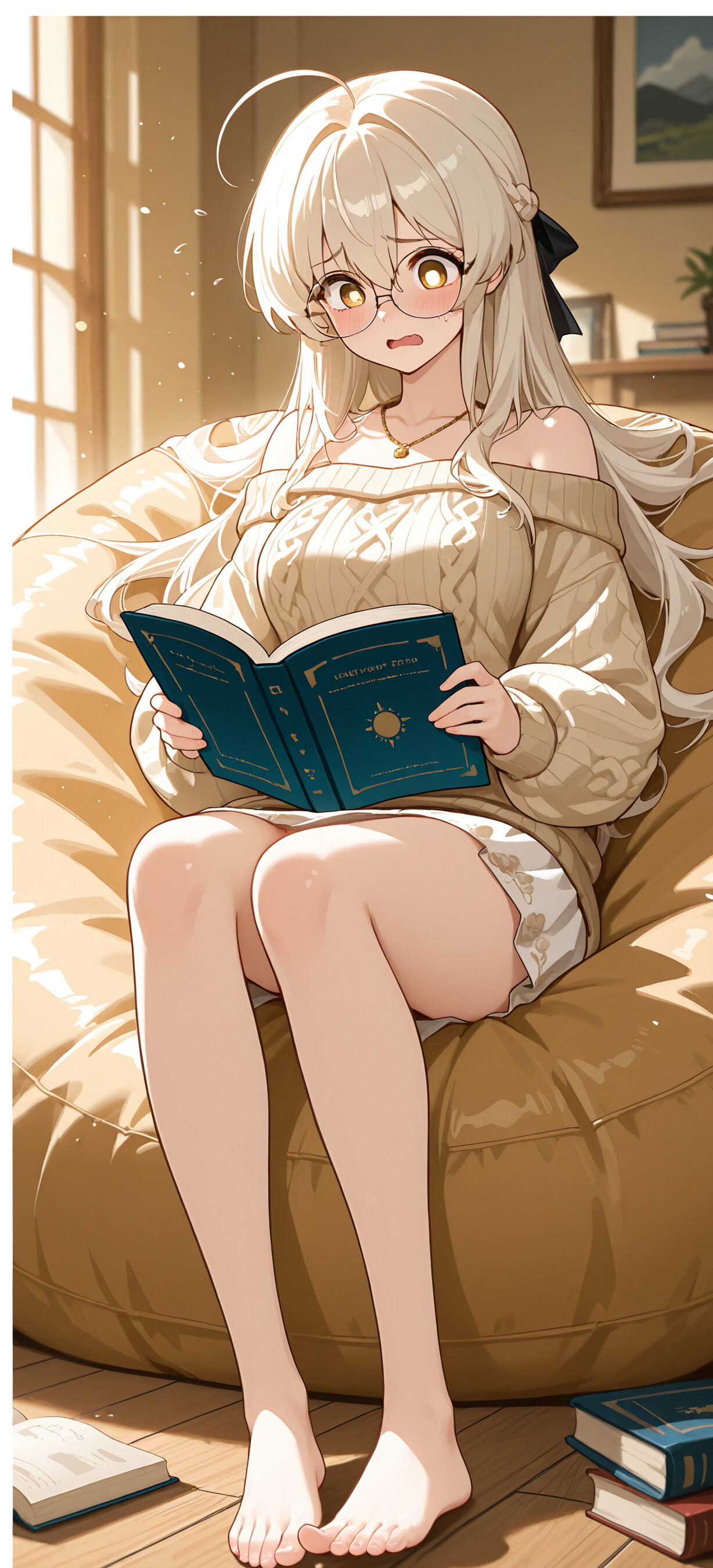 Full-body illustration of the Blue Archive character Ajitani Hifumi. She's a blonde-haired anime girl with glasses and a halo, sitting on a white beanbag chair and reading a book with a flustered expression. She is wearing a cream off-shoulder sweater and a white skirt in a cozy, sunlit room.