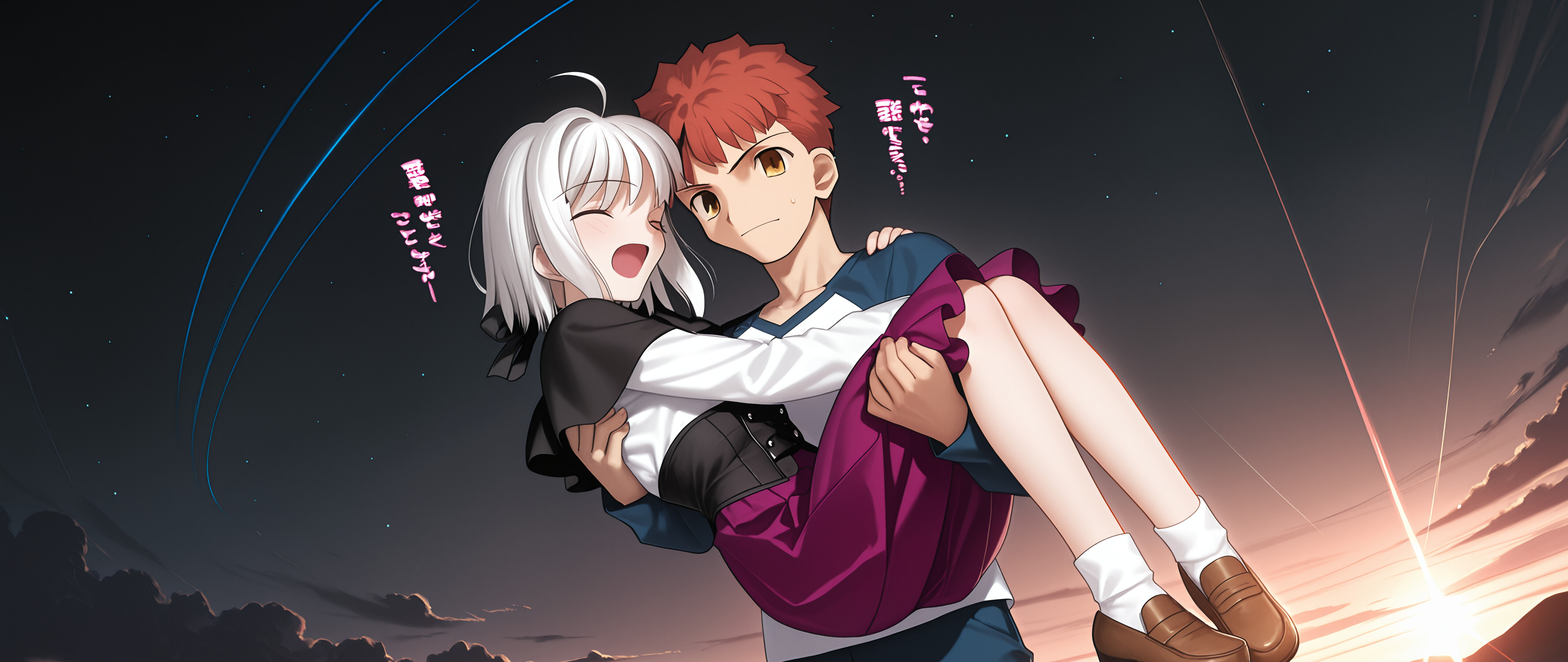 Emiya Shirou from Fate/stay night gently carries Tojou Koneko from High School DxD in his arms in a dimly lit room, with a starry night sky visible through the window behind them.