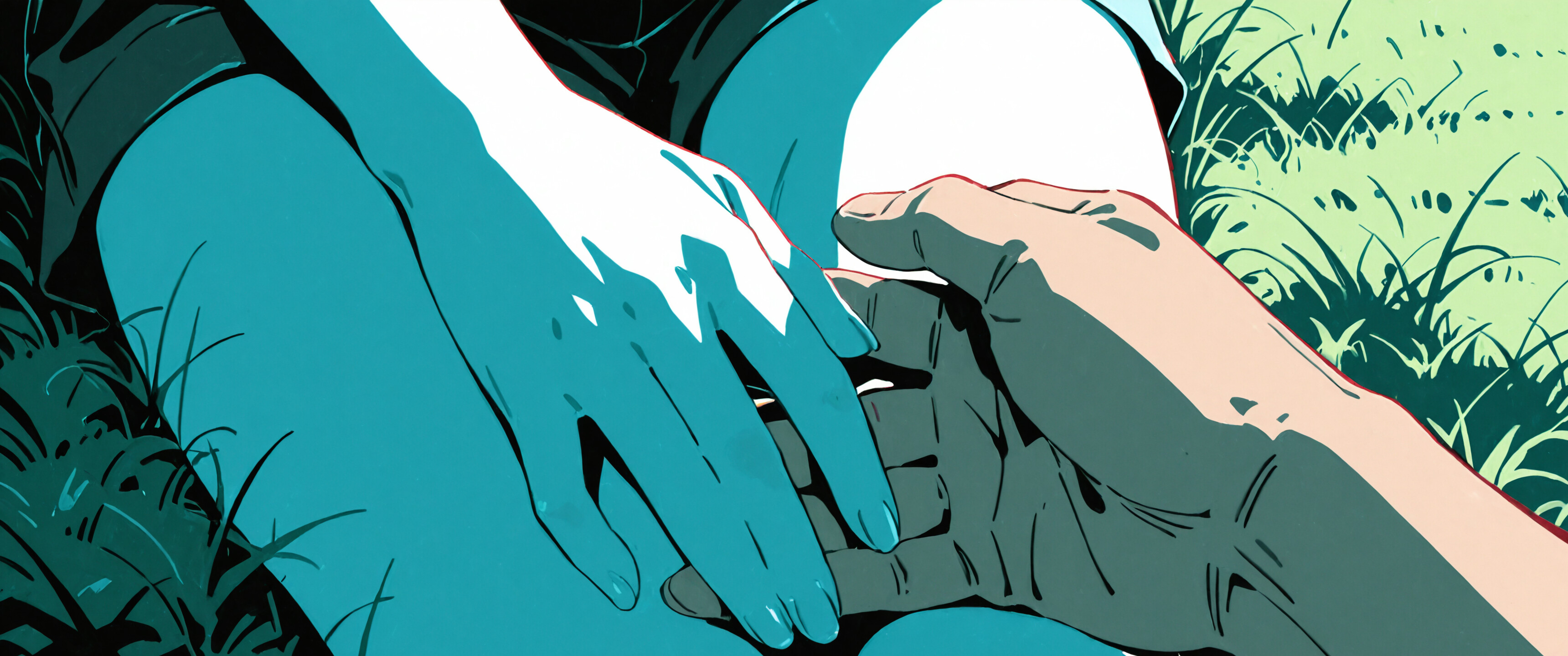 An anime-style illustration of two people holding hands in a sunny, green field. The focus is on a man's hand gently holding a woman's hands as she sits on the grass.