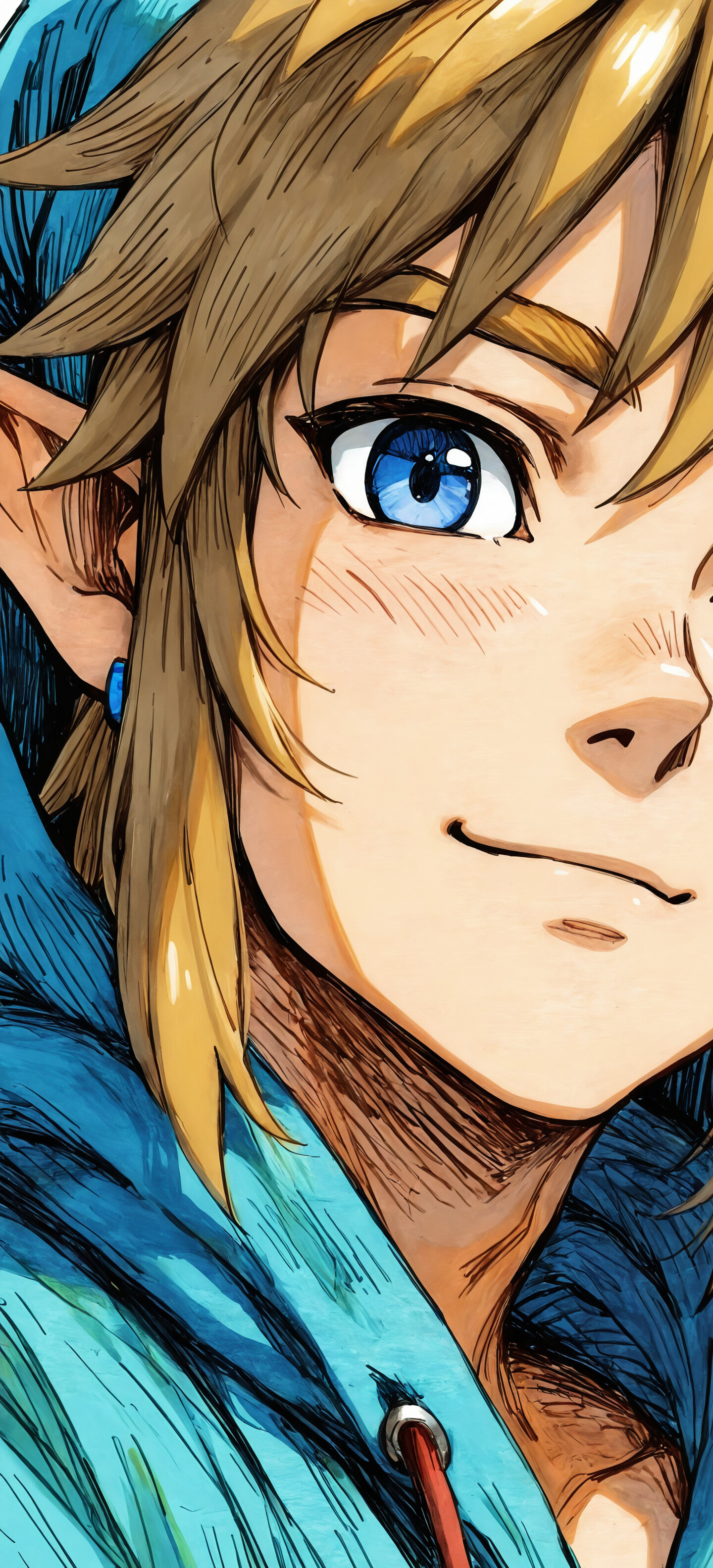 A close-up illustration of Link from The Legend of Zelda, with blonde hair and blue eyes, smiling gently at the viewer while wearing a modern blue and white hoodie.