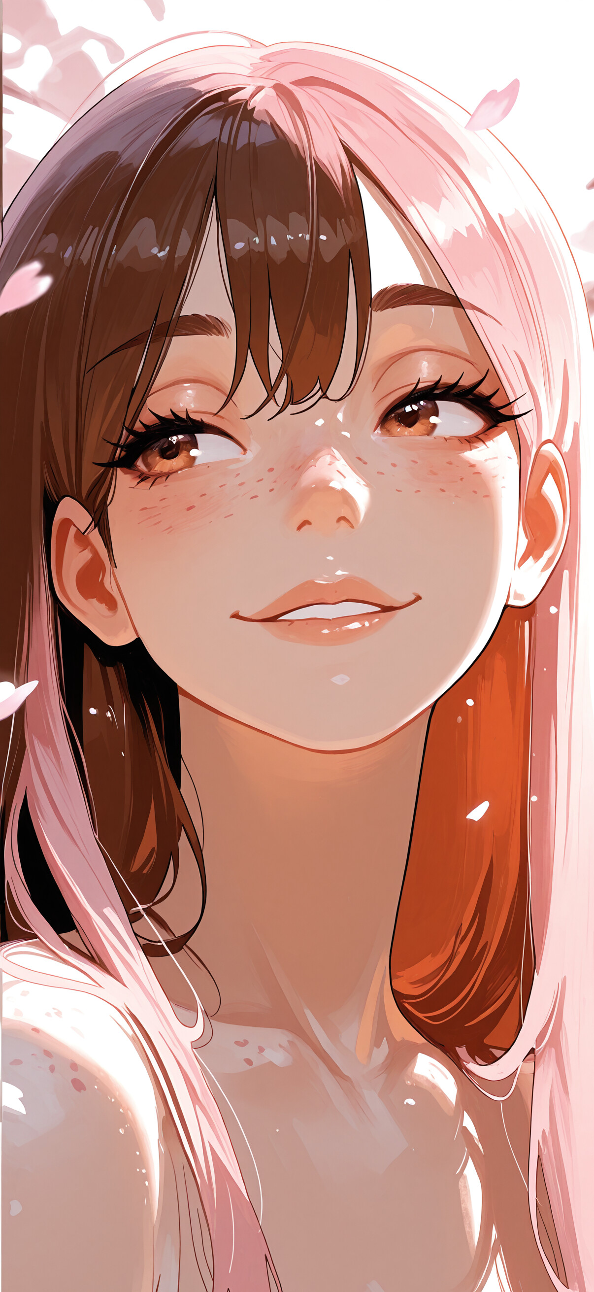 Close-up portrait of Neopolitan from RWBY, featuring her signature pink and brown split hair. She has a gentle smile, brown eyes, and is surrounded by floating cherry blossom petals in soft light.