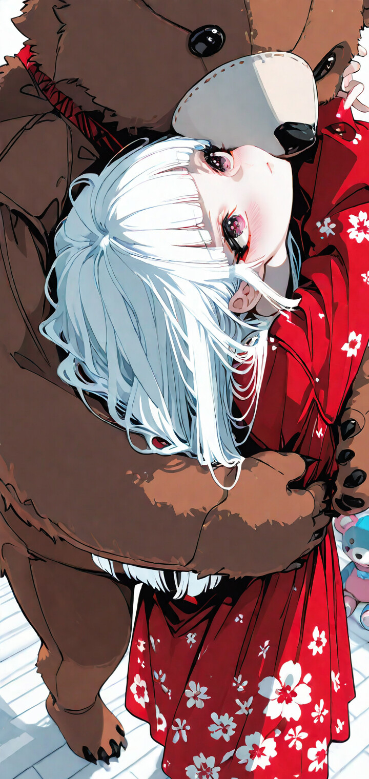 An anime-style illustration of a young girl with long white hair and pink eyes being hugged from behind by a giant brown teddy bear. She is wearing a red floral dress, and the room is filled with many other smaller teddy bears.