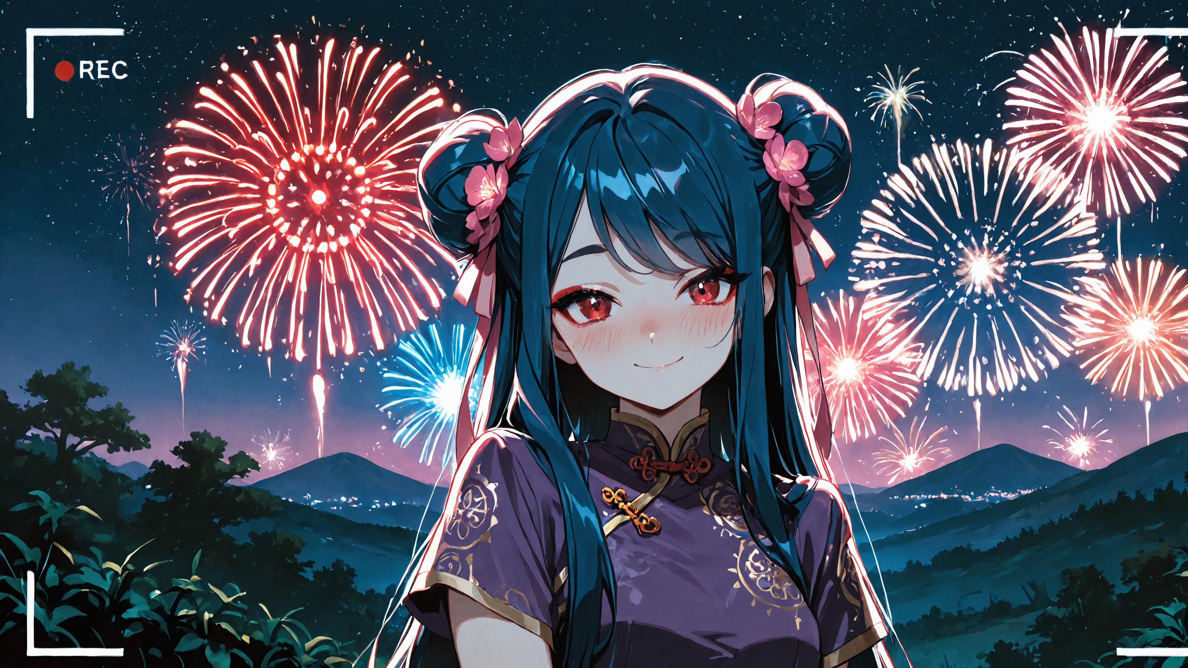 An anime girl with dark blue hair in double buns and a purple Chinese dress smiles in front of a night sky filled with colorful fireworks, framed by a camera viewfinder overlay.