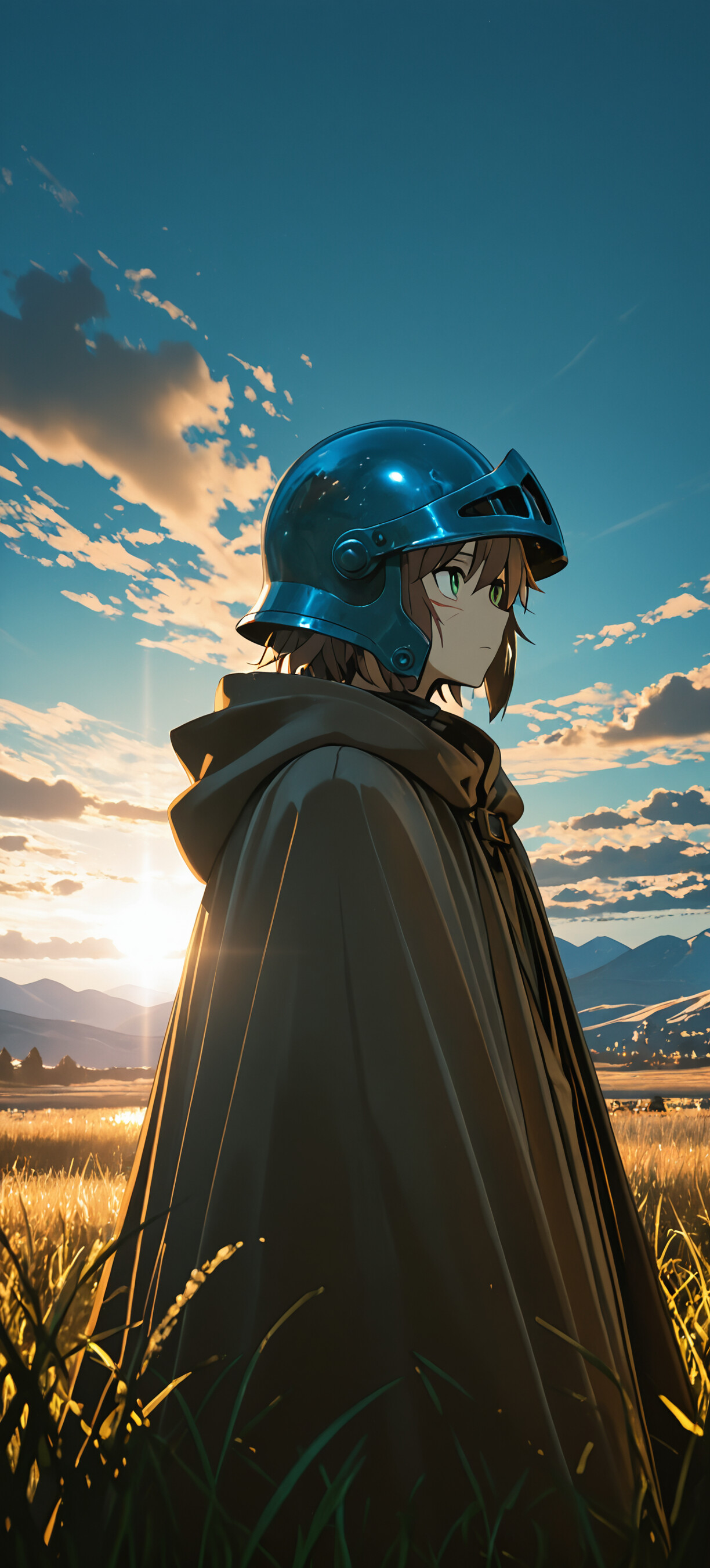 A young man with brown hair and green eyes, wearing a knight's helmet and a brown cloak, looks out over a field of tall grass as the sun rises in the distance.