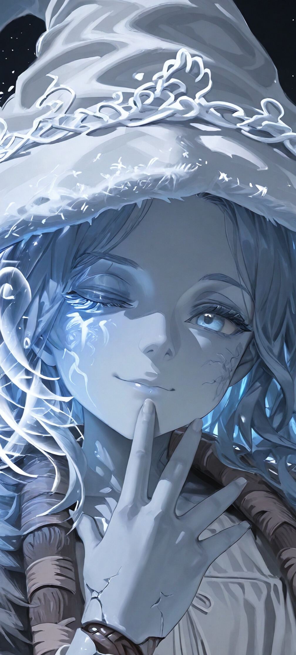 Digital illustration of Ranni the Witch from Elden Ring. She has blue skin and hair, a large white hat, and is winking with a smug smile. A translucent, spectral face appears beside her.