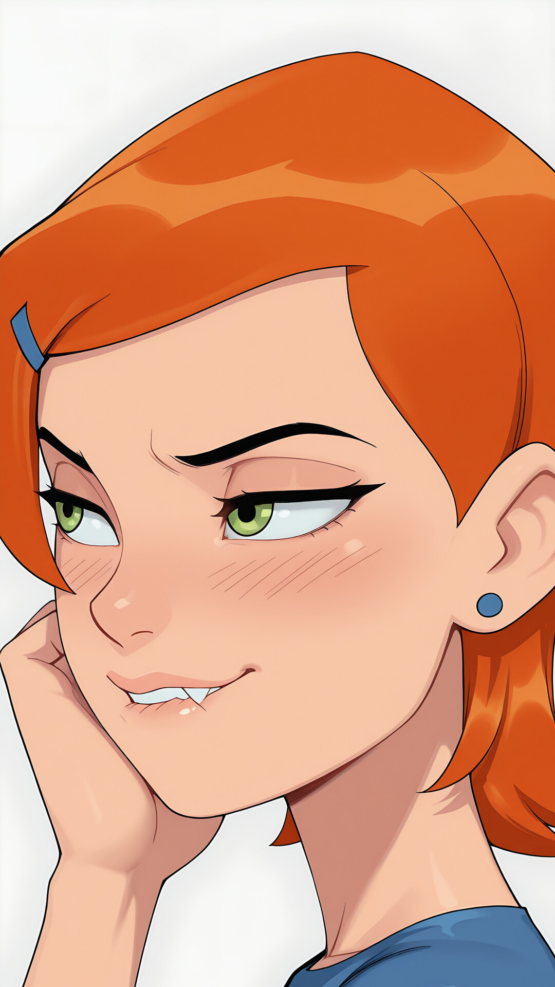 A close-up digital illustration of Gwen Tennyson from Ben 10. She has short orange hair, green eyes, and a blue earring. She is looking to the side with a teasing, naughty expression, biting her lip slightly.
