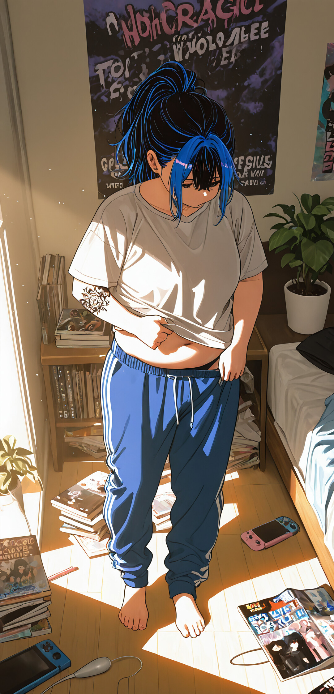 A young woman with blue and pink hair in a ponytail stands in her bedroom, lifting her black t-shirt to look at her stomach. She is wearing grey sweatpants and has a tattoo on her neck. Her room is messy, with books on the floor and a bed in the background.