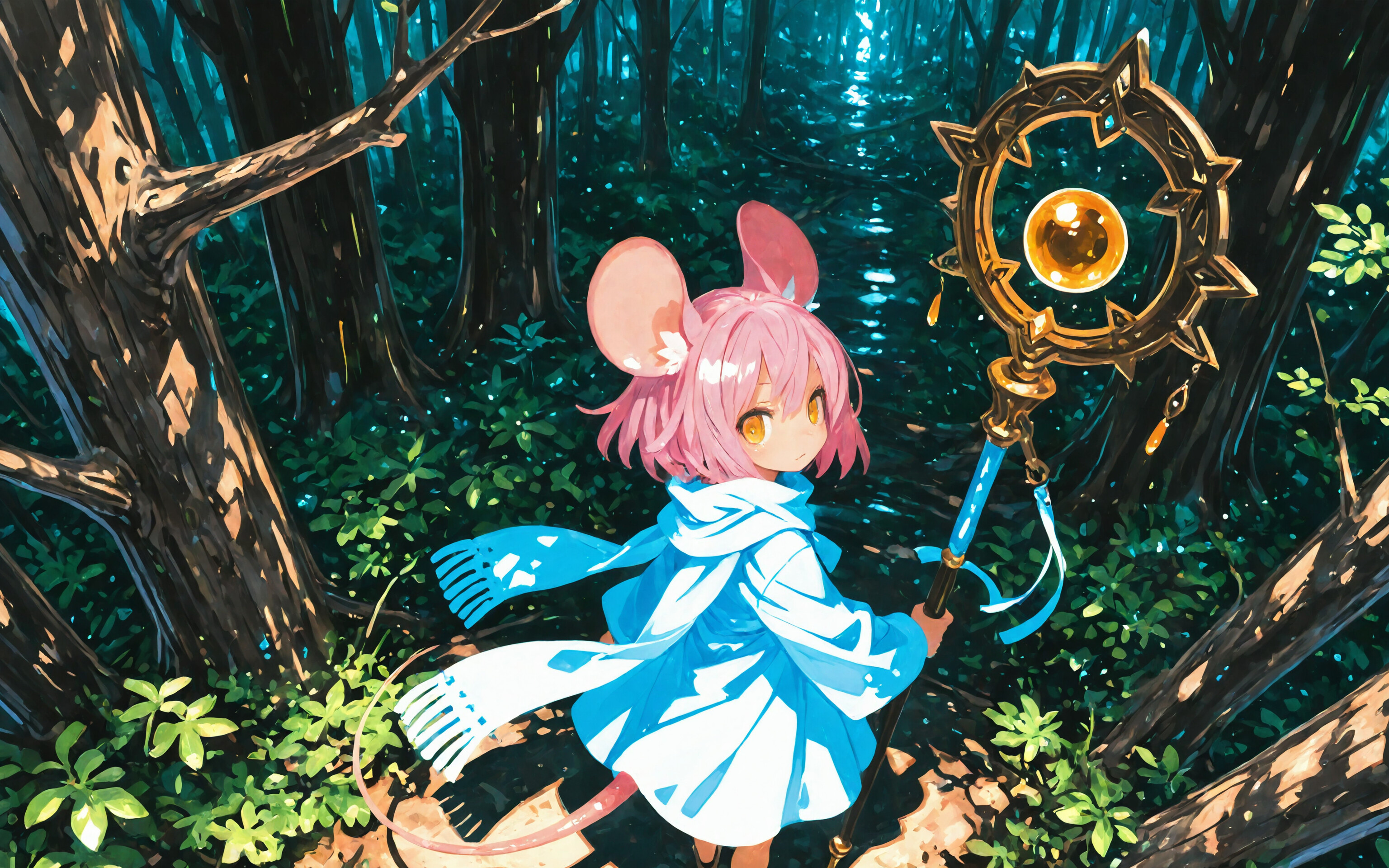 An anime-style mouse girl with pink hair and a long tail, seen from behind, standing in a lush green forest. She wears a white robe and holds a large magical staff with a glowing orb.