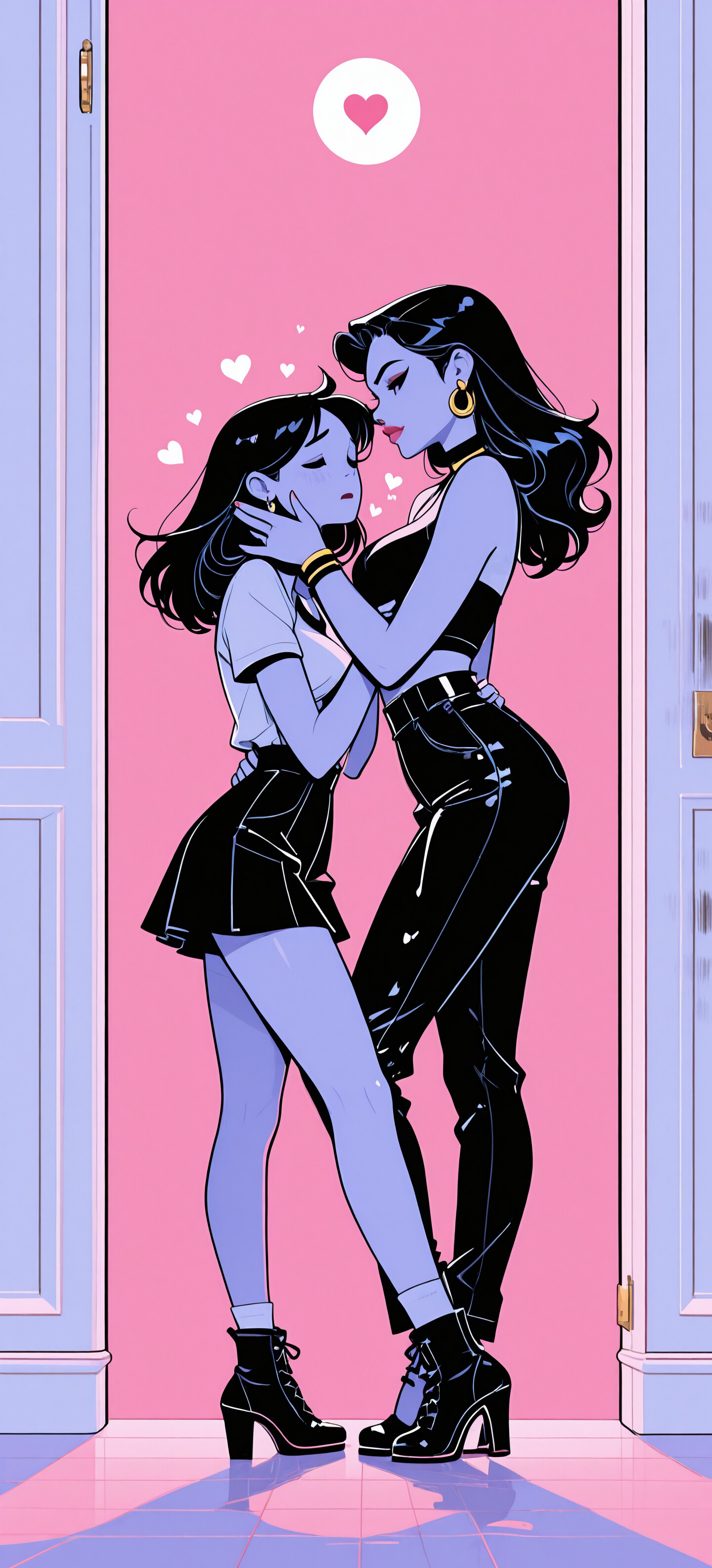 An illustration of two women in matching black dresses and heels sitting on the edge of a bed, sharing a romantic kiss in a pink room with hearts floating above their heads.