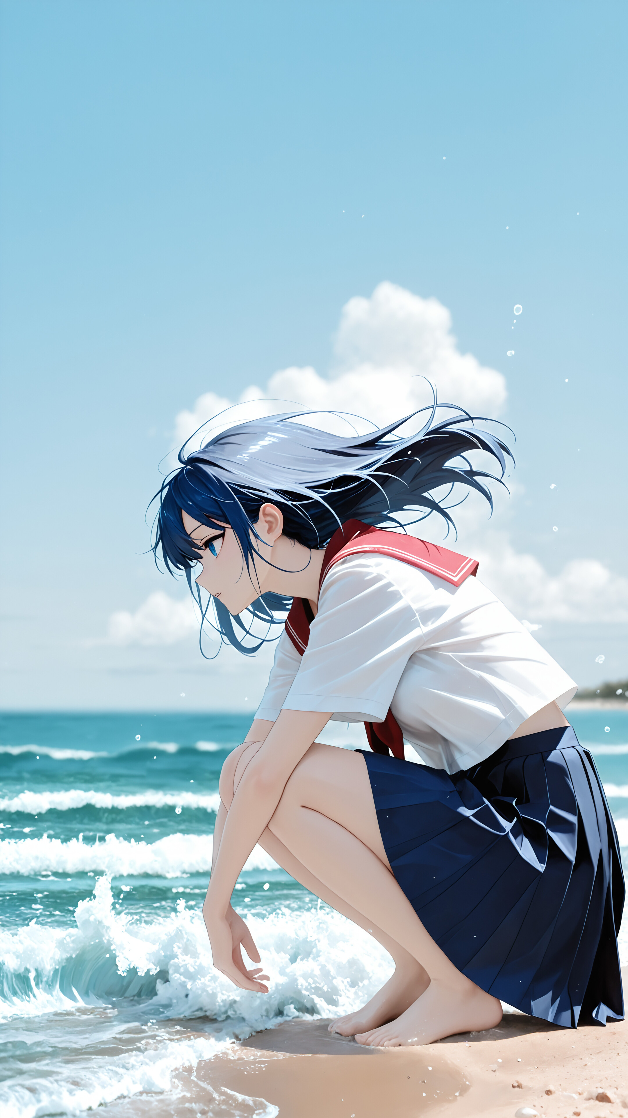 An anime girl with dark blue hair in a school uniform, crouching on a sandy beach and looking out at the ocean waves.