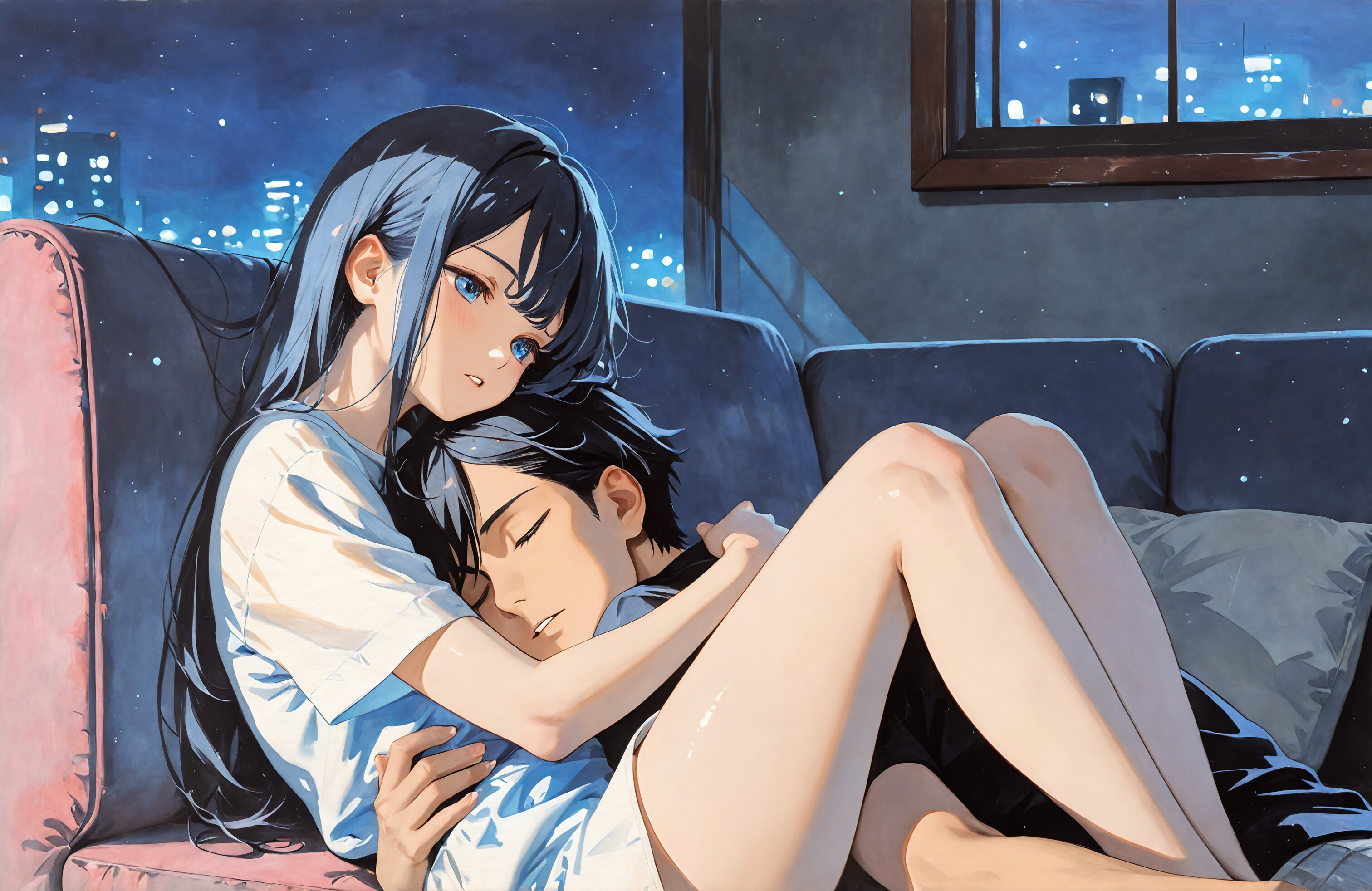 An anime-style illustration of a young man and woman cuddling on a blue couch at night, with a city skyline visible through the window.