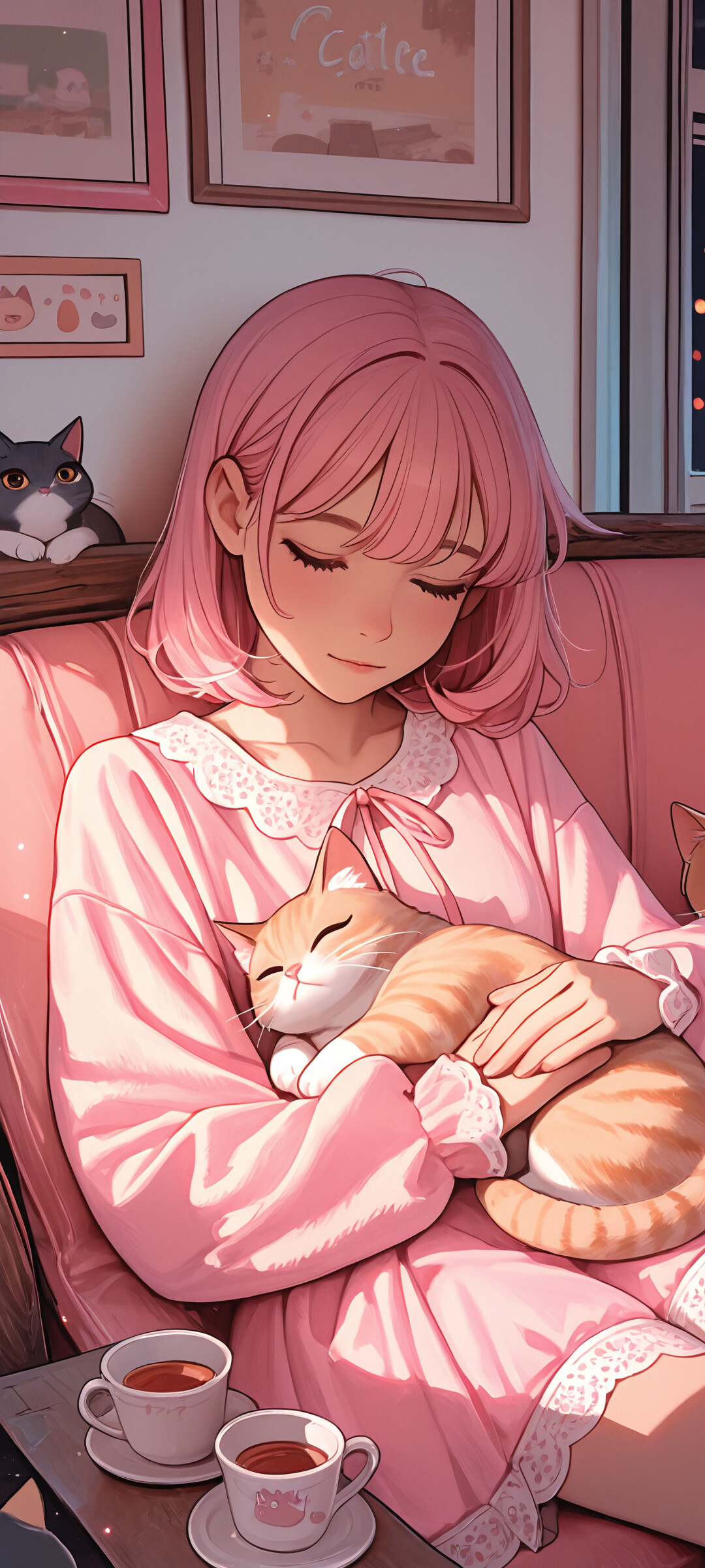 A young woman with long pink hair in pink pajamas, sitting on a pink couch and petting a sleeping white cat on her lap in a cozy, cat-themed room.