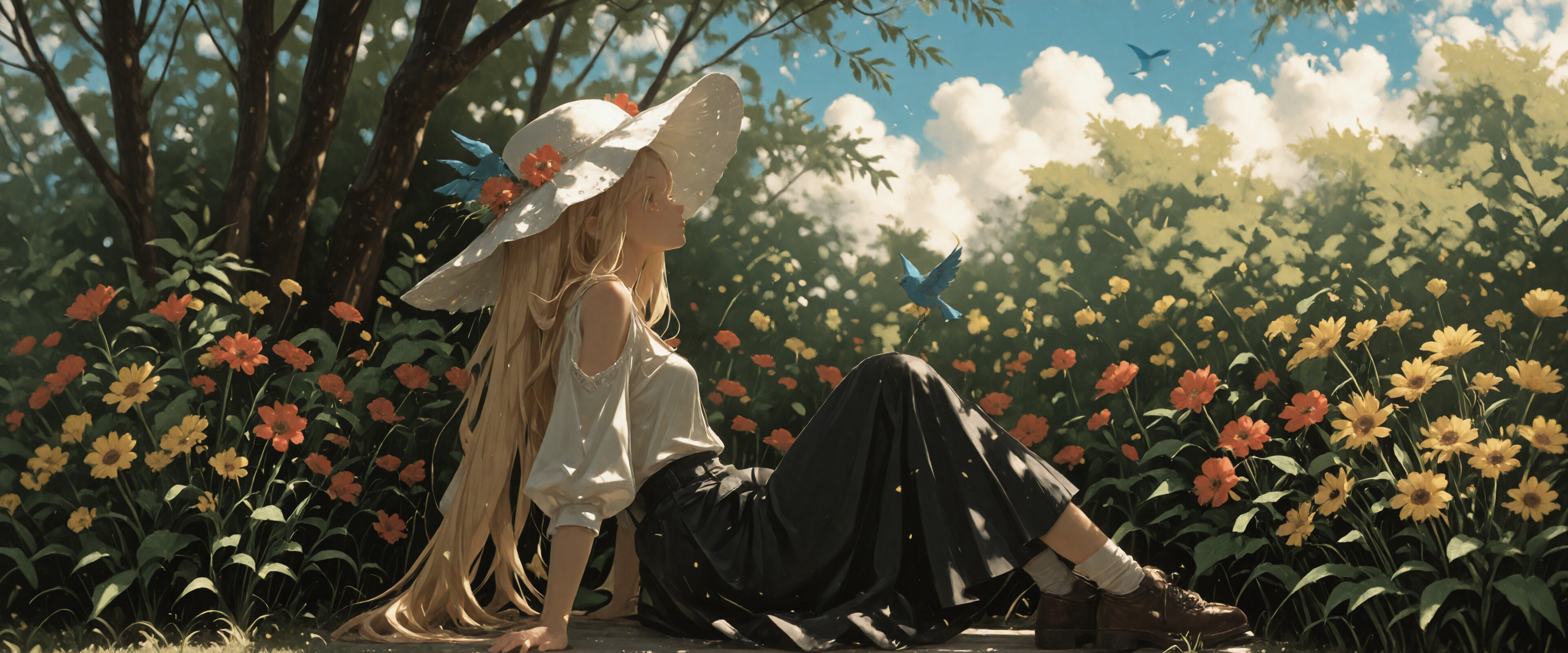 An anime-style illustration of a young woman with long blonde hair and a large white sun hat sitting in a field of red and yellow flowers. She is looking up at a small blue bird hovering in front of her in a sunlit forest.