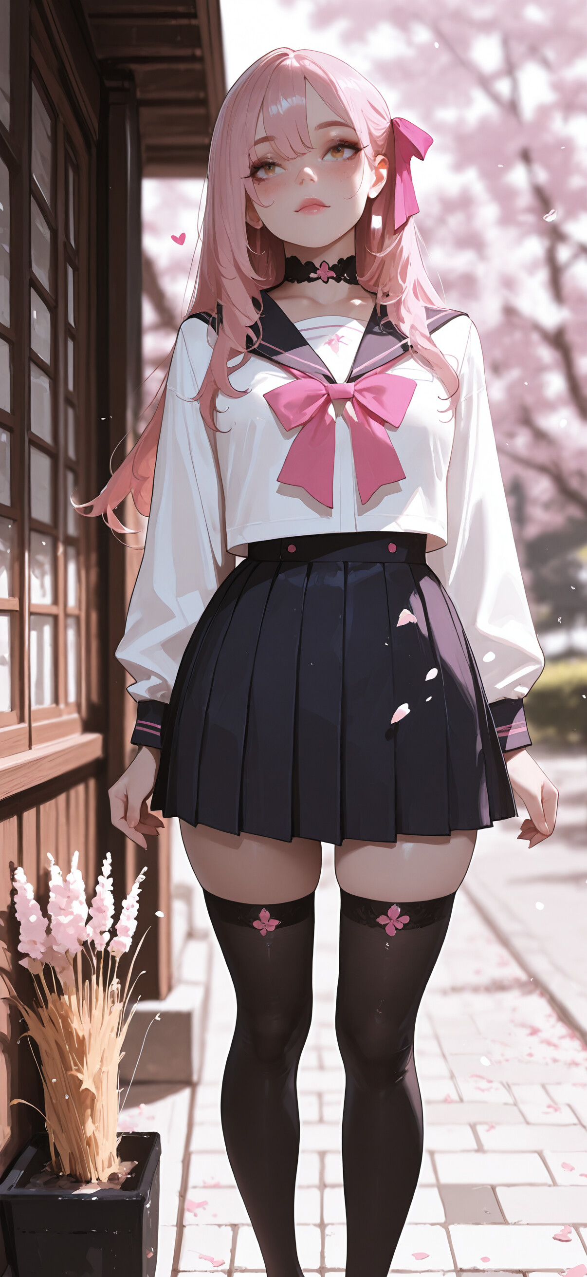 An anime-style illustration of a girl with long pink hair sitting on stone steps. She wears a Japanese school uniform with a white top, blue skirt, a large pink bow, and black thigh-high stockings, surrounded by golden plants and floating pink petals.