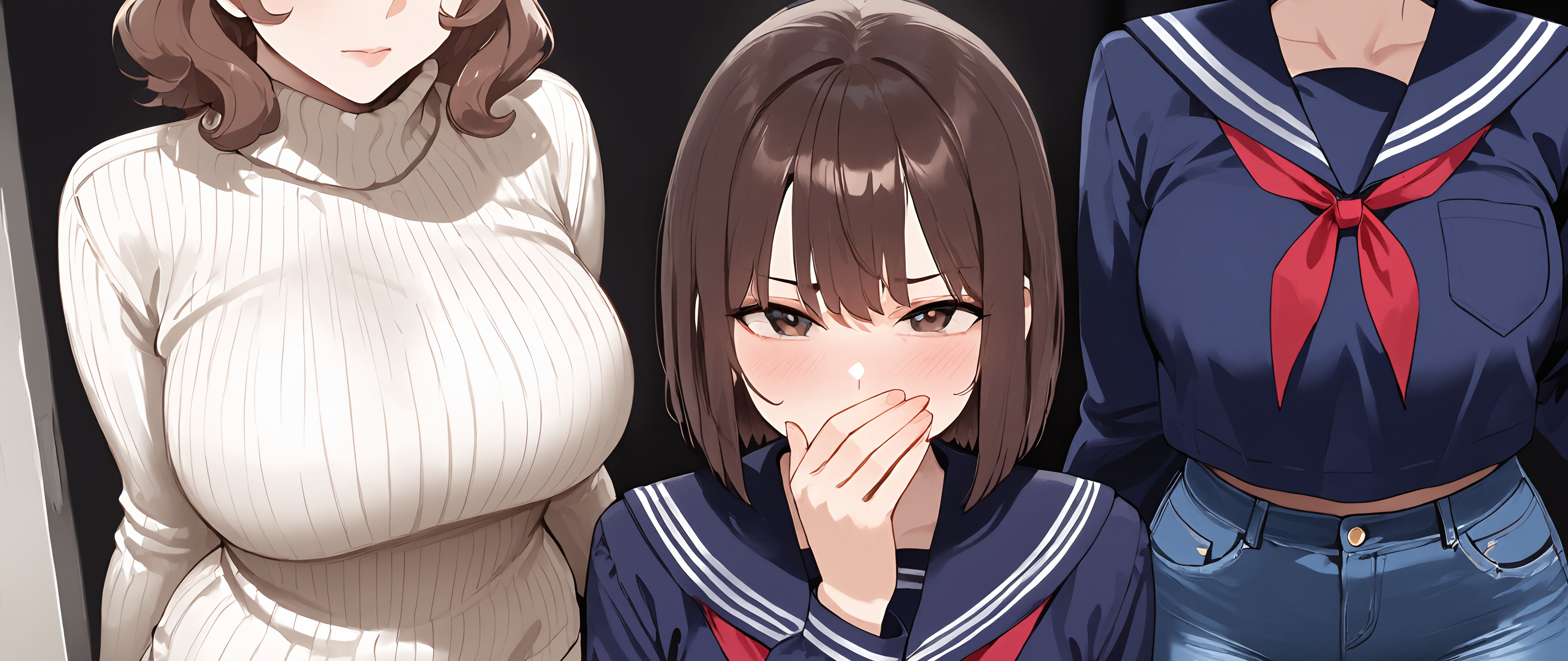 An anime-style girl with short brown hair in a white knit sweater and jeans stands in a hallway, covering her mouth shyly. In the background, another girl in a blue school uniform peeks from behind a doorway.