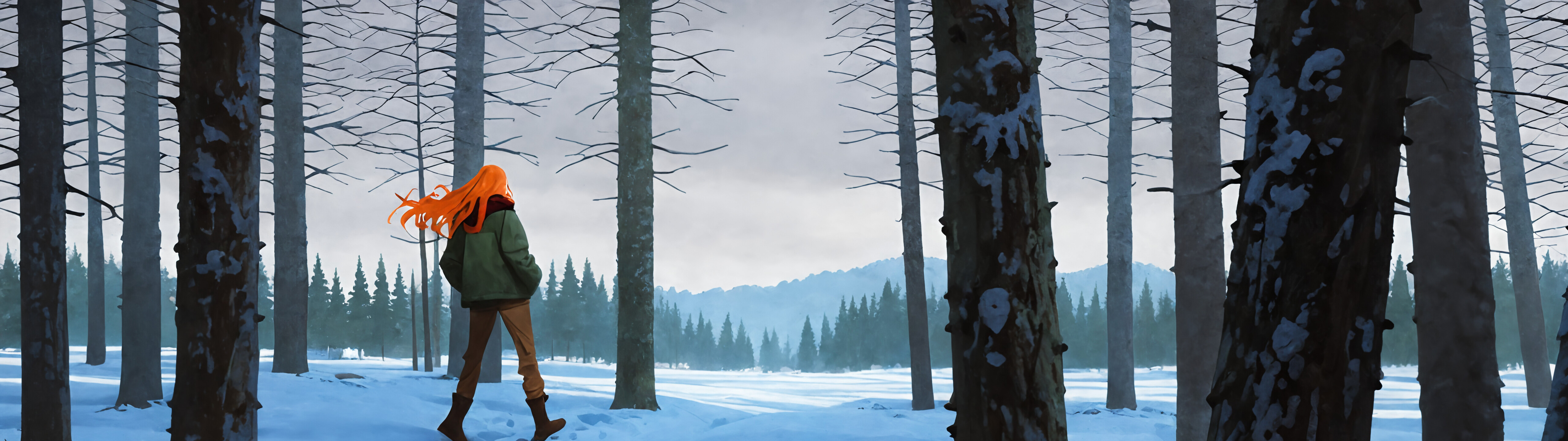 A painting of Tulip Olsen from 'Infinity Train' from behind, standing in a snowy pine forest. She has bright orange hair blowing in the wind and is wearing a green jacket, a red plaid scarf, and brown pants, with her hands in her pockets.