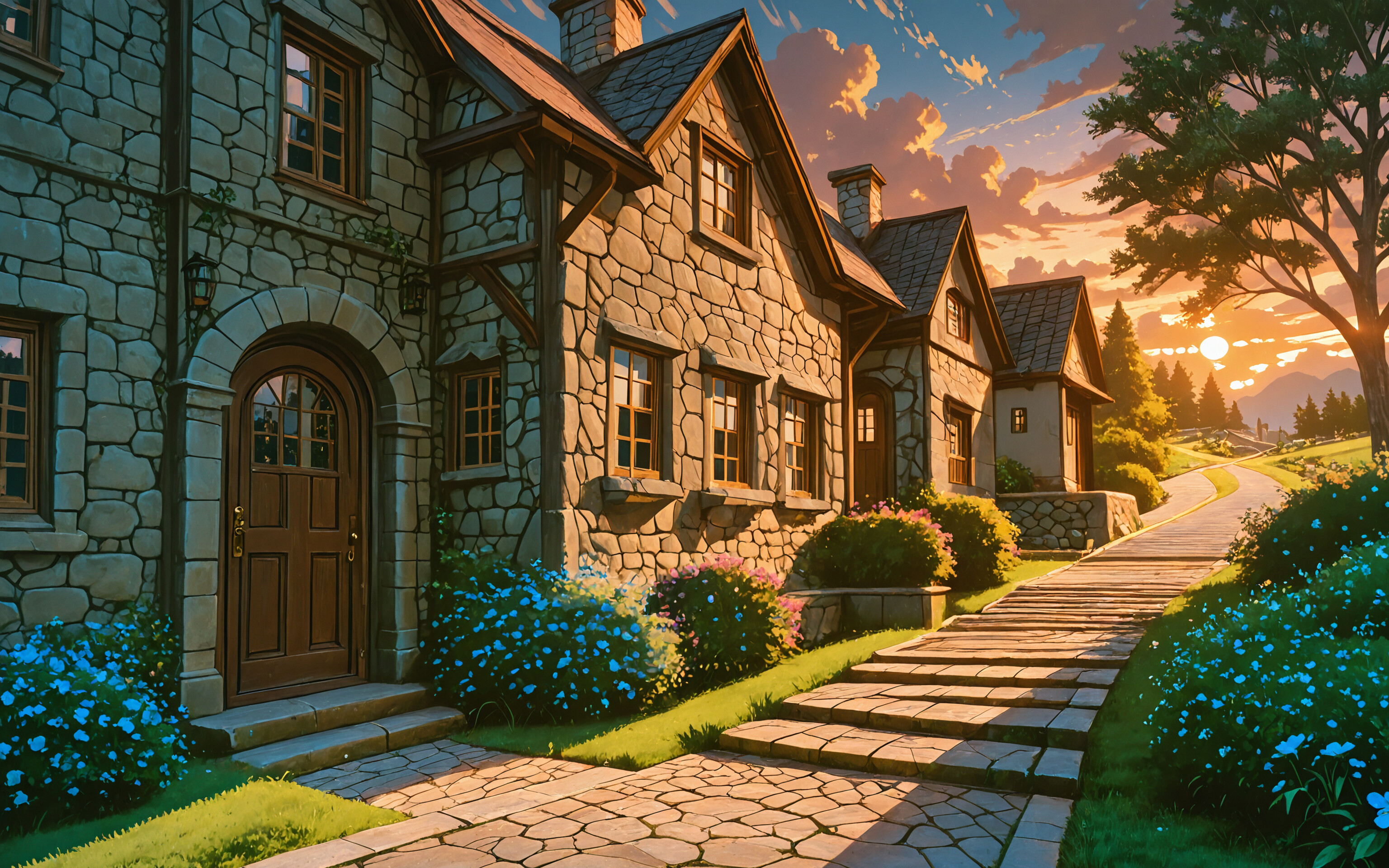 An illustration of a charming European-style cottage at sunset, with a stone staircase leading to the front door, surrounded by a lush garden under a colorful, cloudy sky.