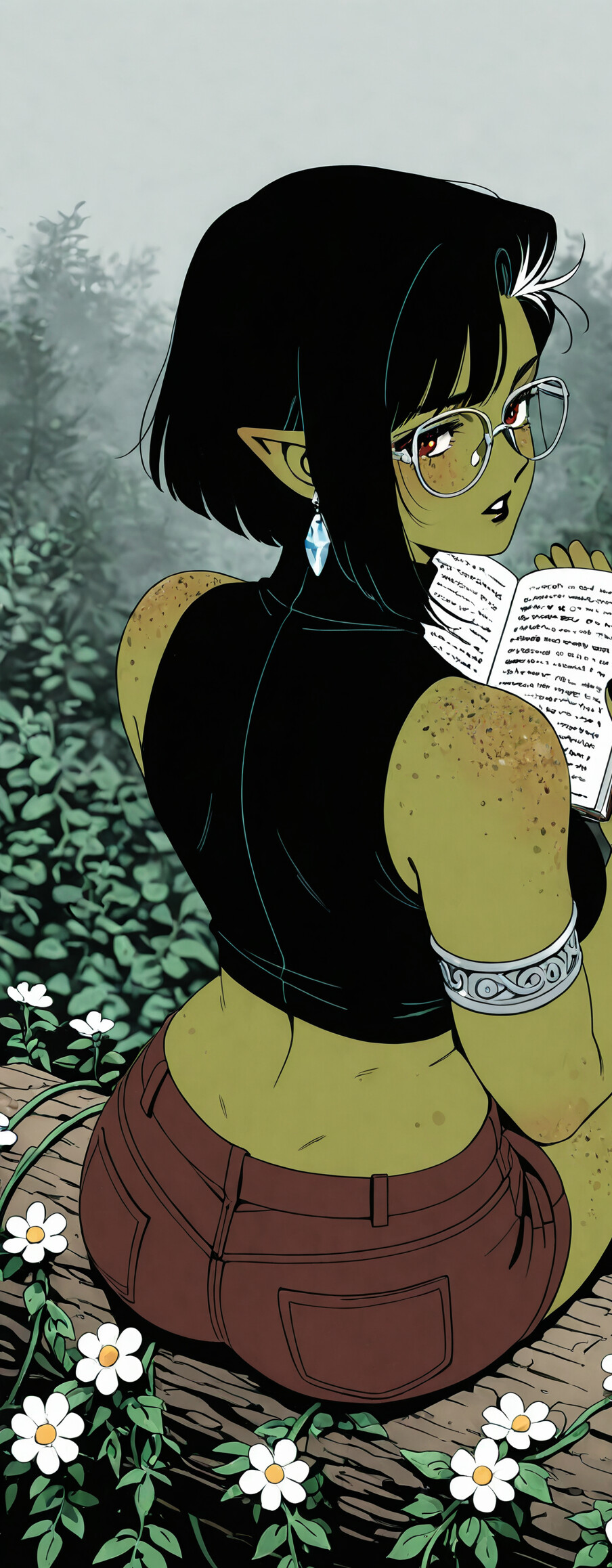A green-skinned fantasy girl with short black hair and glasses, sitting in a forest and reading a book, looks over her shoulder at the viewer.