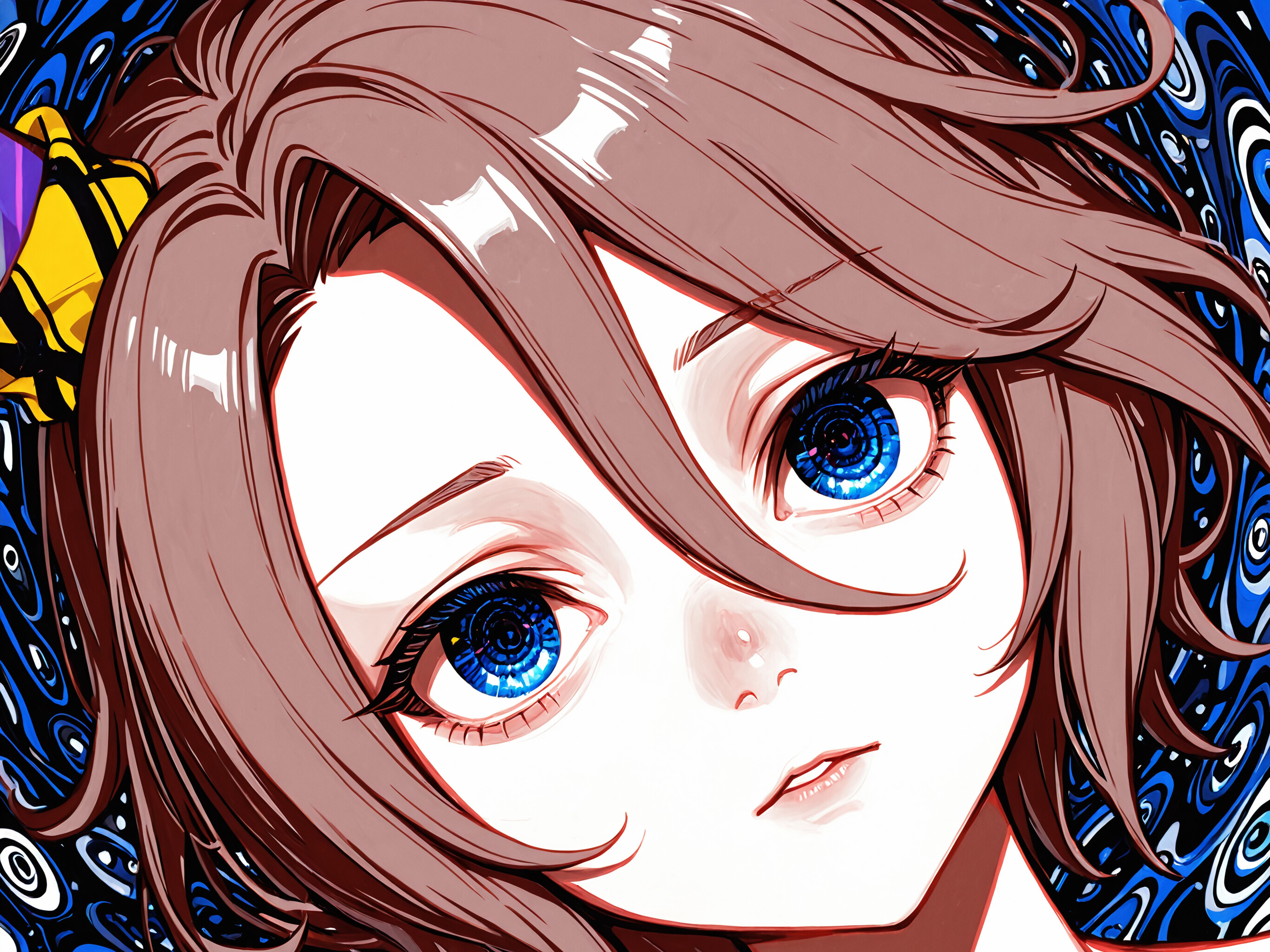 A digital art portrait of Narita Taishin from Uma Musume, featuring short brown hair and striking blue eyes. Her neck and shoulders are covered in a surreal pattern of multiple embedded eyes against a swirling blue and white background.