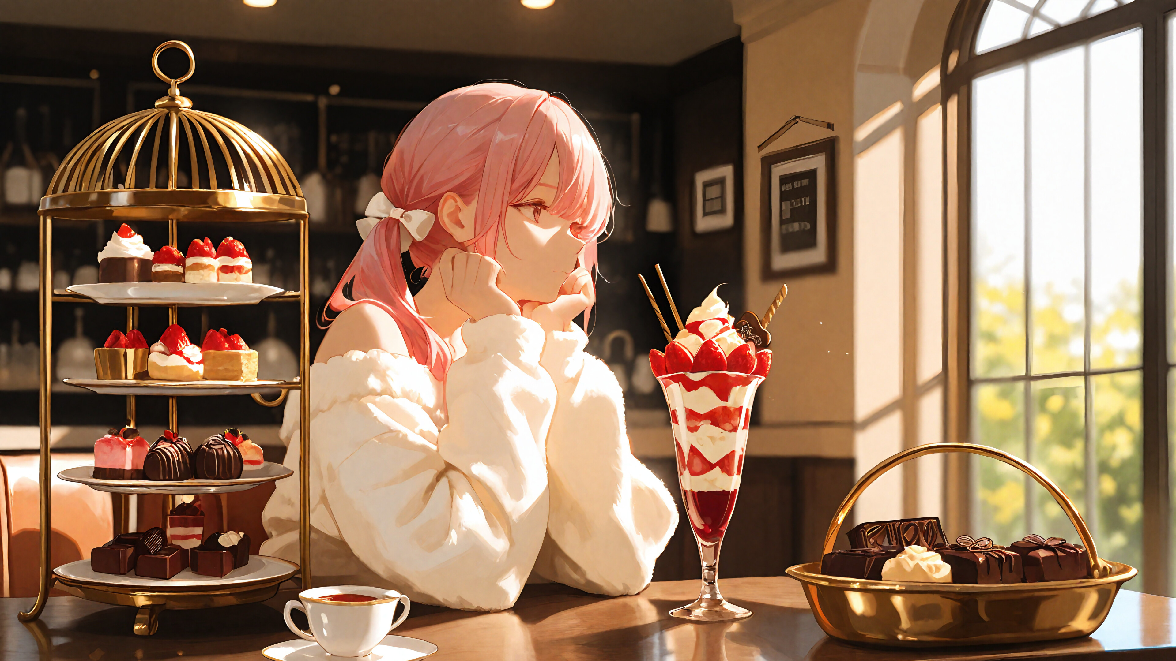 An anime girl with pink hair in twin tails sits at a cafe table laden with desserts. She is wearing a white fluffy sweater and smiling, with her chin resting on her hands. On the table are a strawberry parfait, a slice of cake, a cup of tea, and a dessert stand.