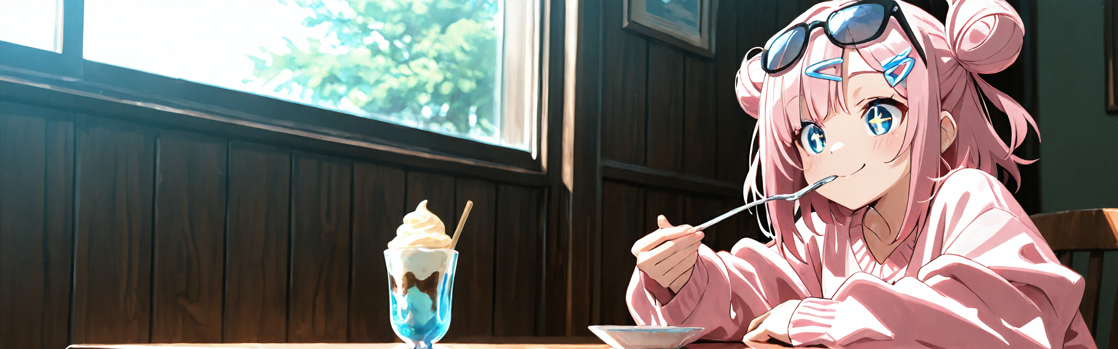 A cute anime girl with pink hair in double buns and an oversized pink sweater, sitting at a cafe table with a spoon in her mouth, a chocolate parfait in her hands, and a cup of coffee nearby.