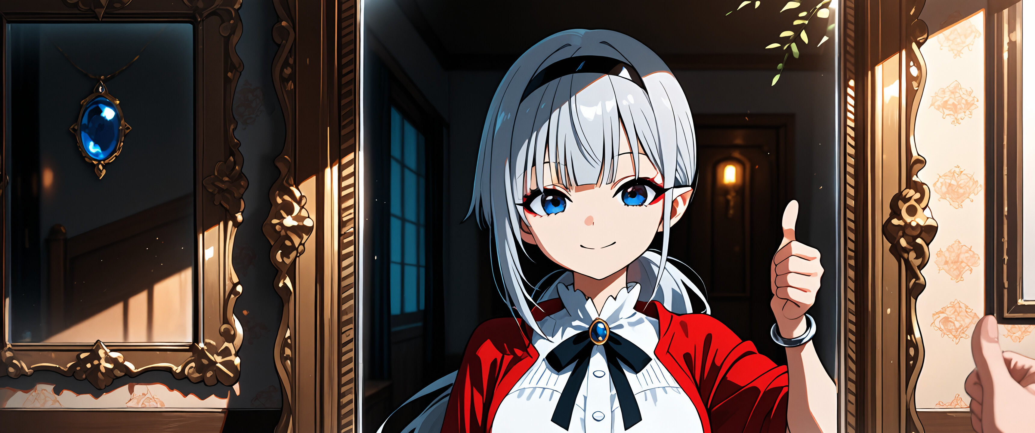 An anime girl with silver hair and pointy ears, Hiragi Popura, smiles and gives a thumbs-up in an ornate mirror, with a hand in the foreground giving a thumbs-up back to her reflection.