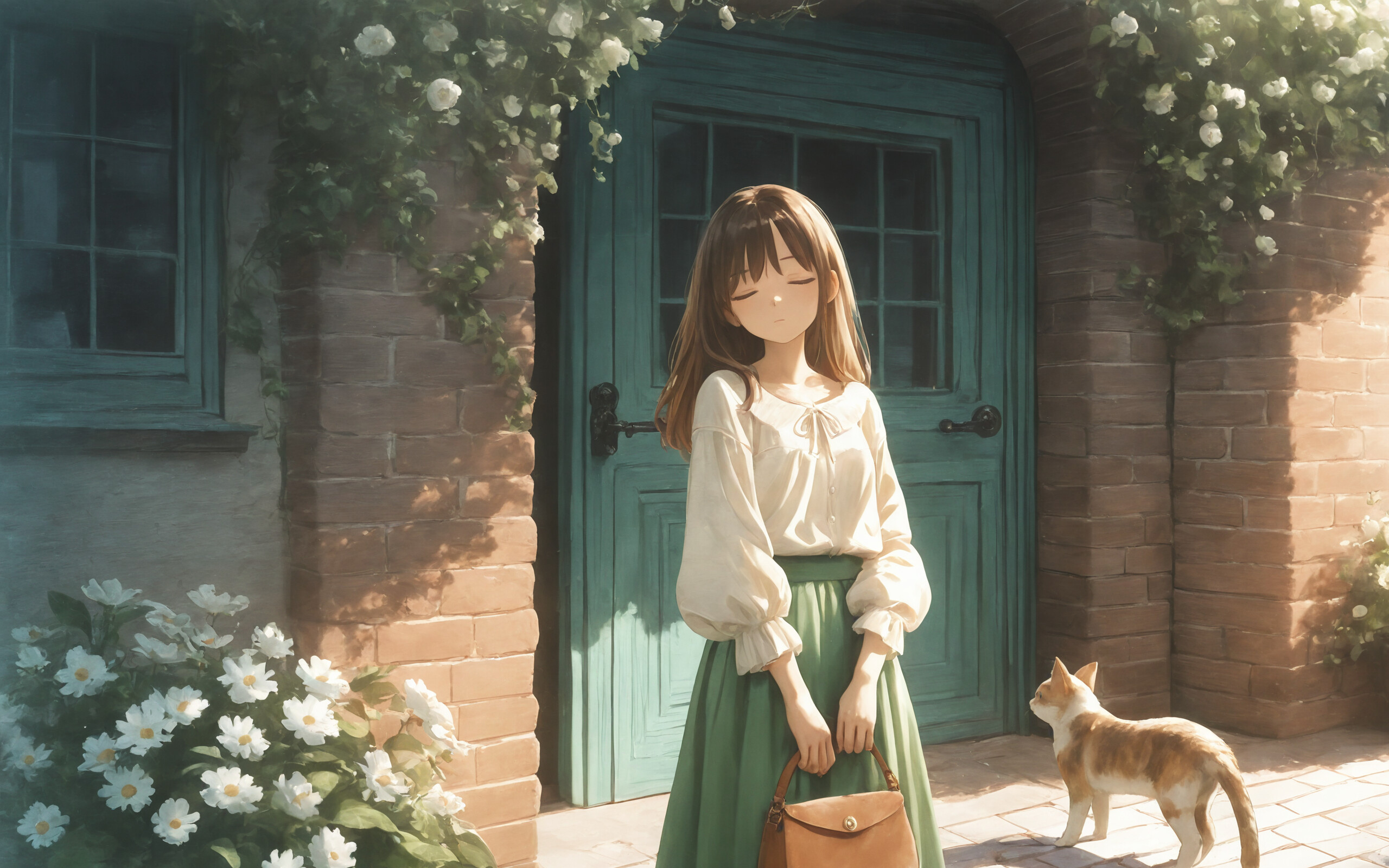 An anime-style illustration of a young woman with long brown hair, wearing a white blouse and green skirt, standing with her eyes closed in front of a building covered in white-flowered vines.