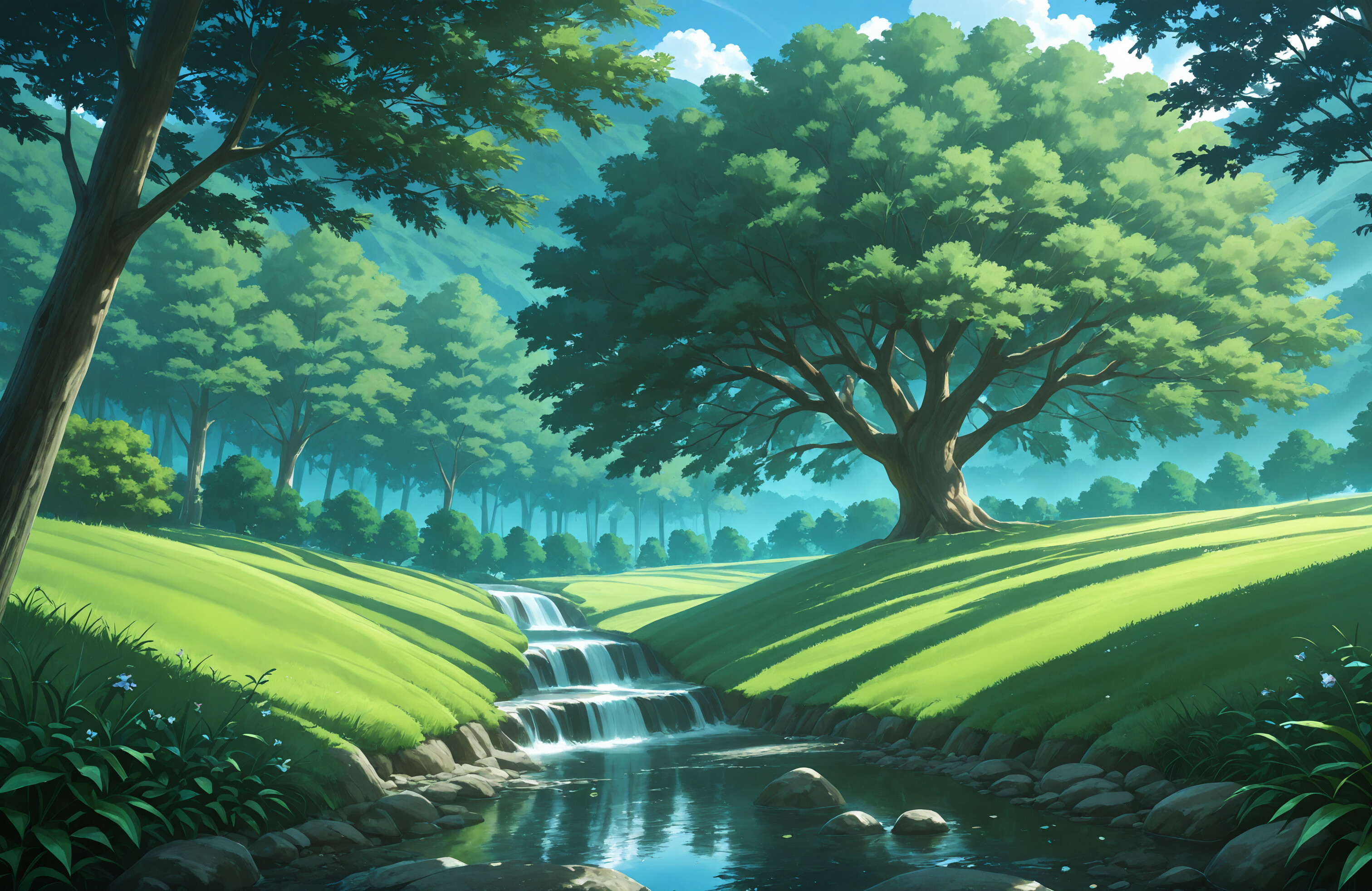An anime-style landscape of a clear, calm river flowing through a green valley with lush grass, pine trees, and rolling mountains under a blue sky.