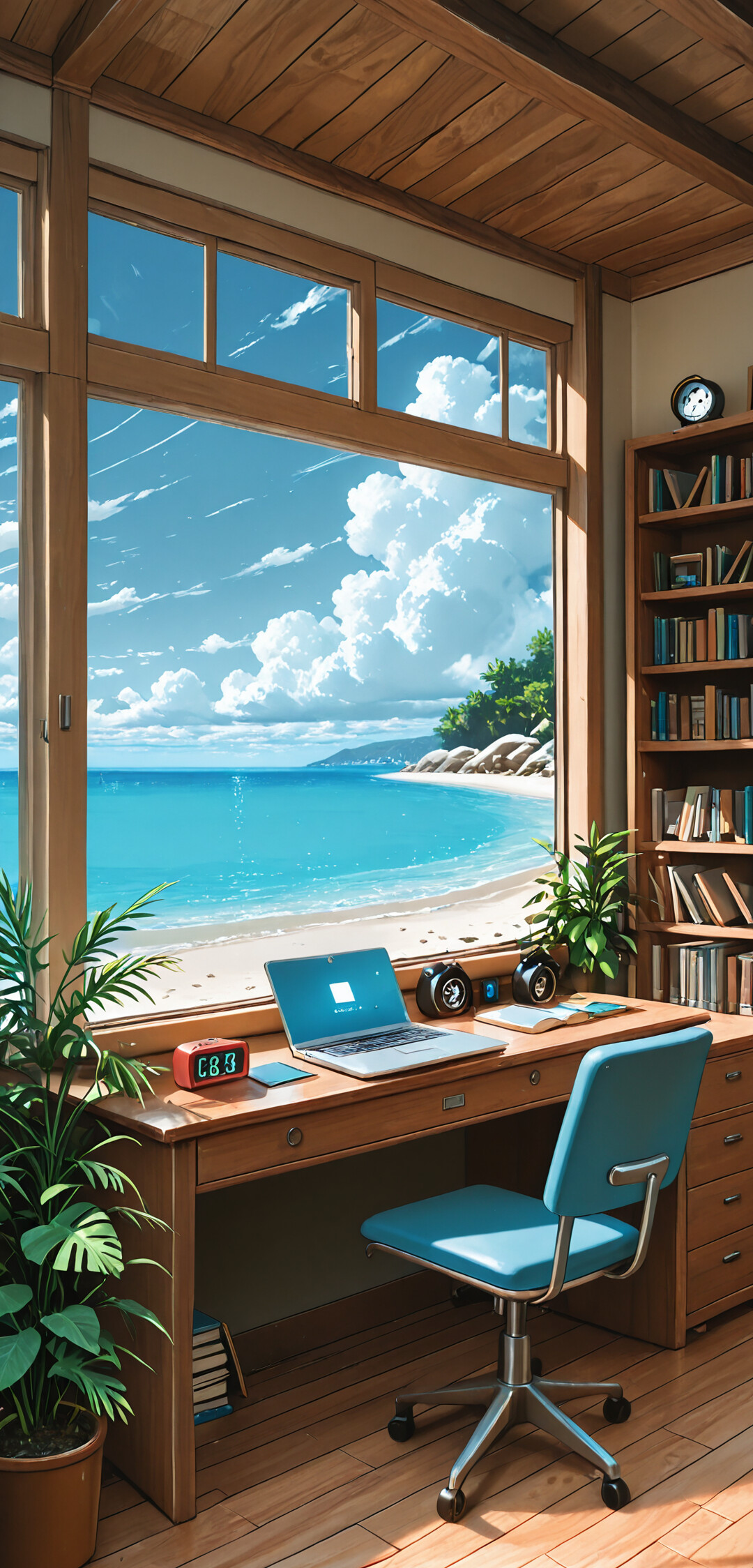 A cozy wooden study with a desk, laptop, and bookshelf facing a large window with a stunning view of a sunny tropical beach and the ocean.