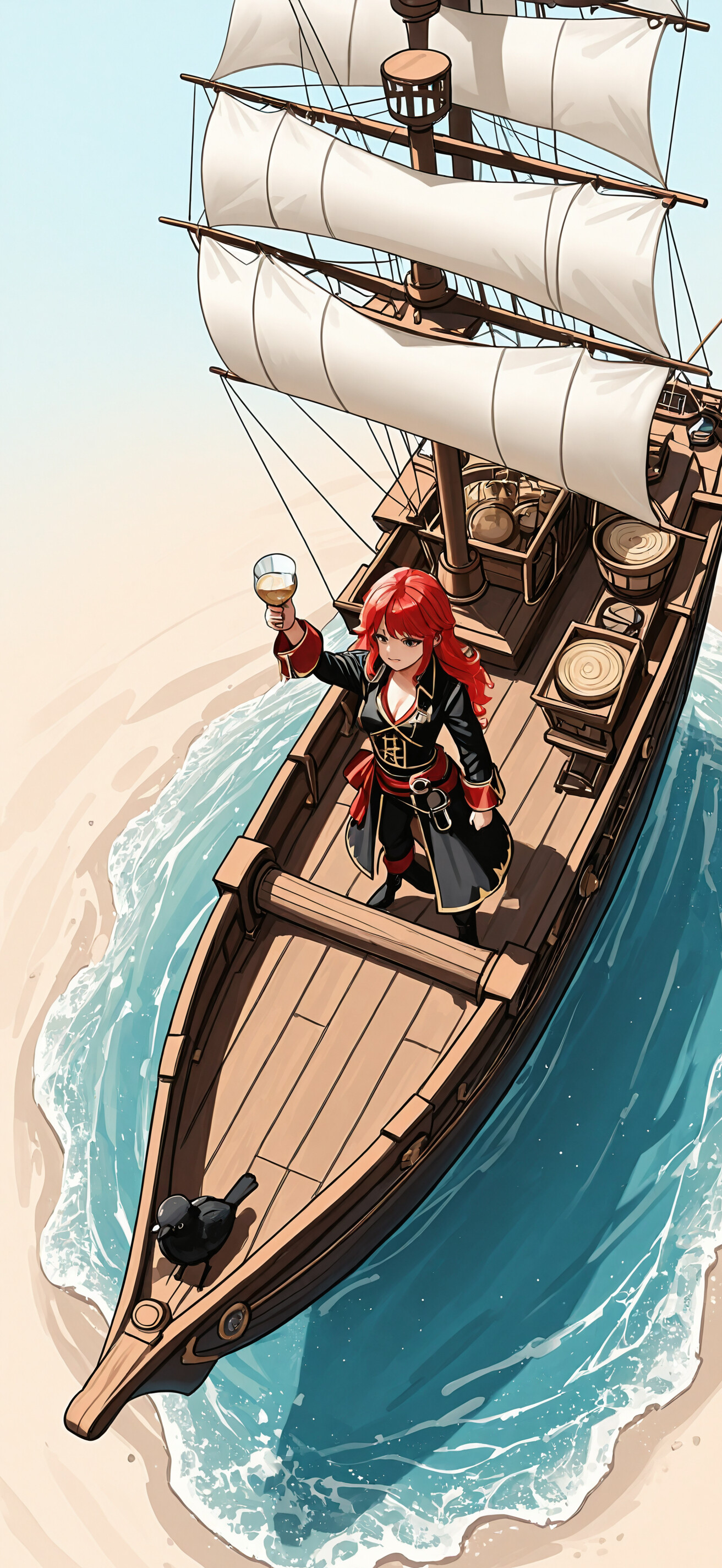 A high-angle view of an anime-style woman with long red hair standing on the deck of a large wooden sailing ship. The ship is in clear, shallow turquoise water next to a sandy beach, with birds flying nearby.