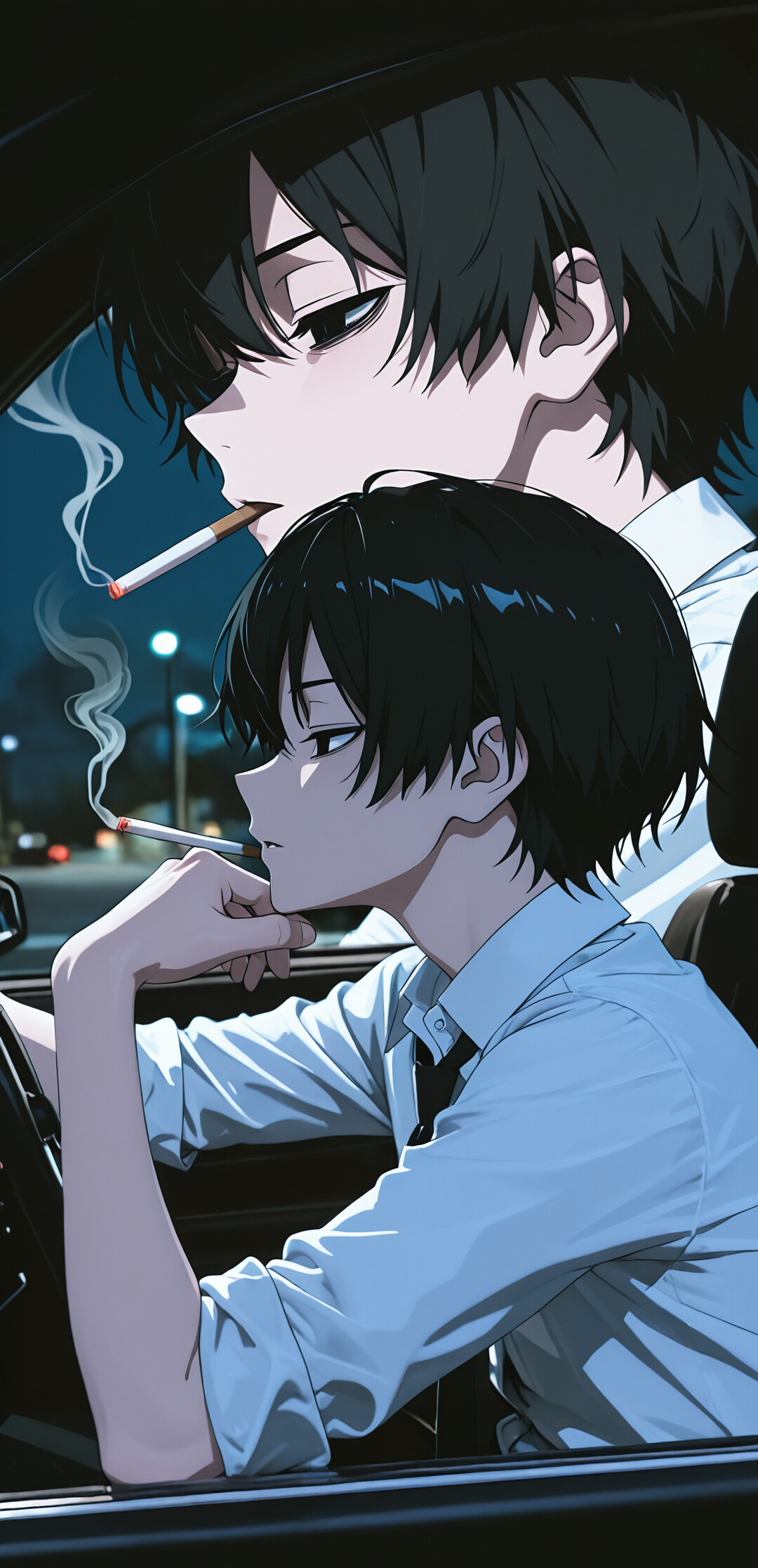 Anime-style illustration of Aki Hayakawa from Chainsaw Man sitting in the driver's seat of a car at night. He has short black hair, is wearing a white collared shirt and black tie, and is smoking a cigarette, with a trail of smoke curling from its tip. His profile is visible as he looks ahead with a somber expression.