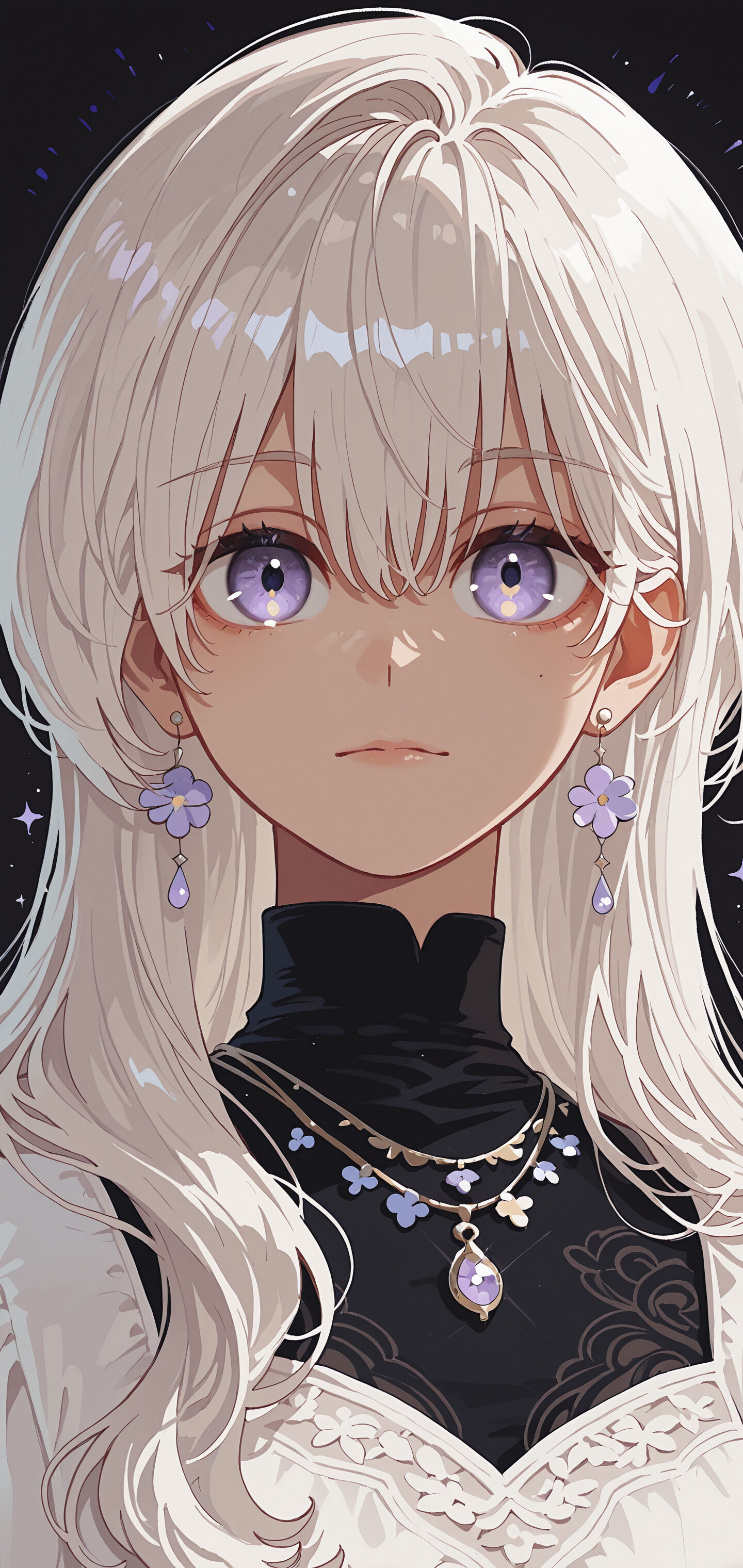 A close-up portrait of an anime-style girl with long, wavy white hair and enchanting purple eyes. She has a calm expression and wears elegant purple clover-shaped earrings and a matching necklace over a black turtleneck. The background is dark with soft white sparkles.