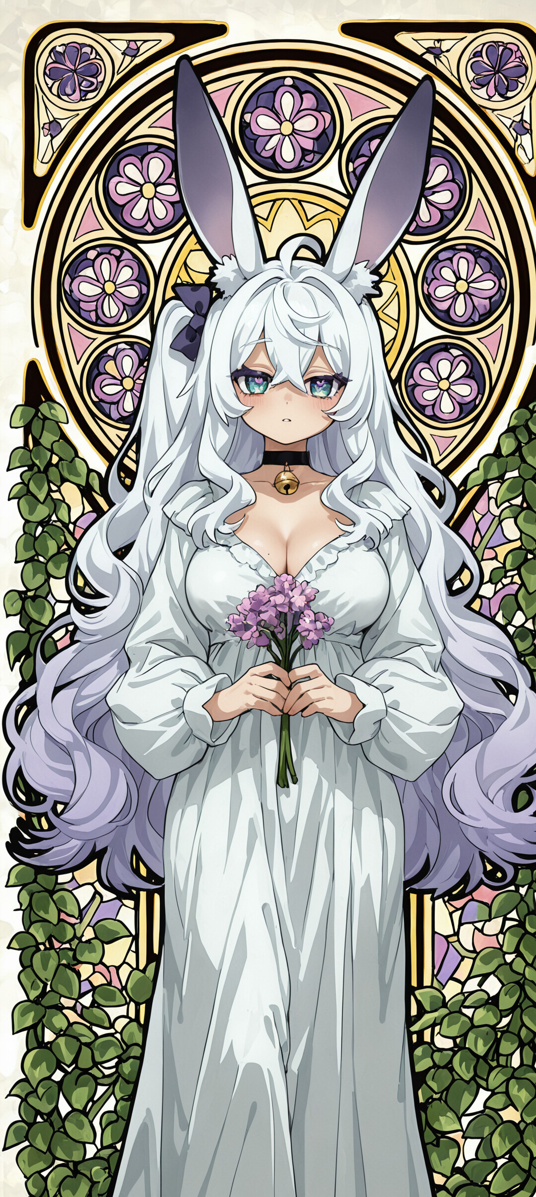 An anime-style rabbit girl with long white and purple hair, Koyori from Usagima, holds purple flowers while standing in front of a golden Art Nouveau stained-glass window.