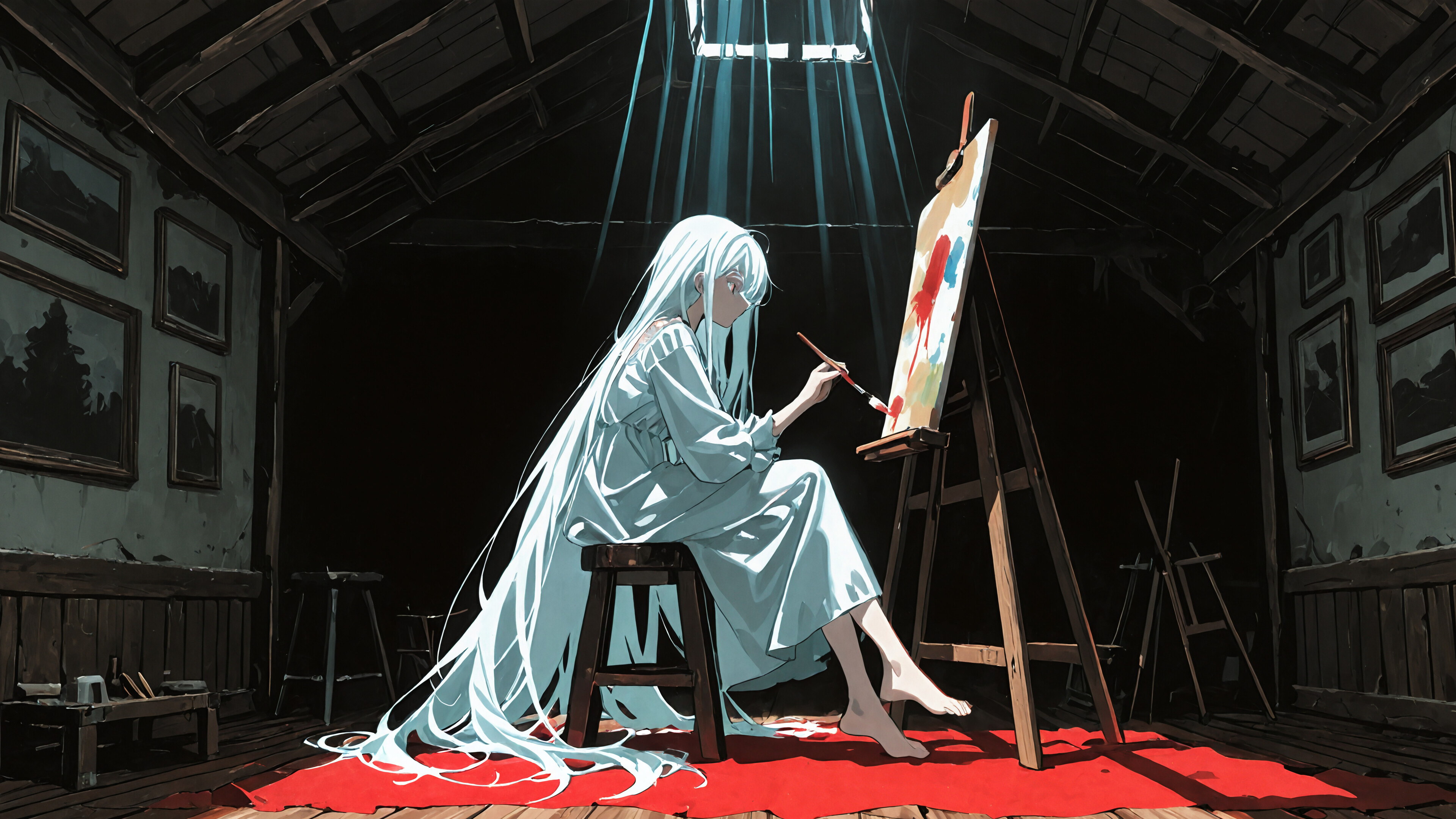 A young anime-style woman with very long white hair sits in a dark, dusty attic, illuminated by beams of light from the ceiling. She is barefoot, wearing a white dress, and is painting a stark red figure of a woman on a black canvas.