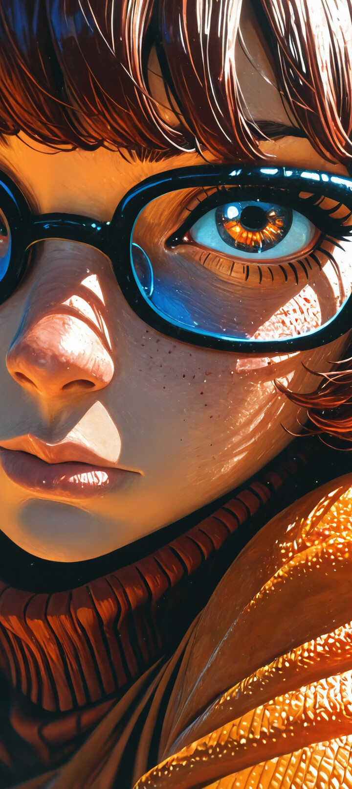 A close-up anime-style portrait of Velma from Scooby-Doo. She has short brown hair, large blue eyes, and is wearing her signature black-rimmed glasses and an orange turtleneck sweater, looking directly at the viewer.