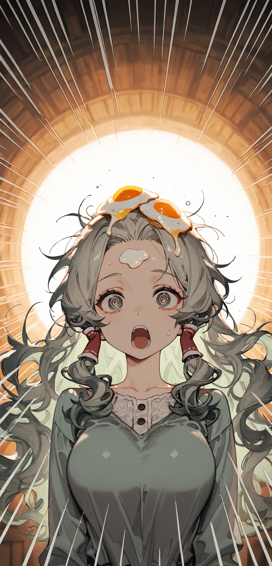 An anime-style girl with wavy light green hair and spiral eyes, looking shocked with her mouth open as two fried eggs sit on top of her head.