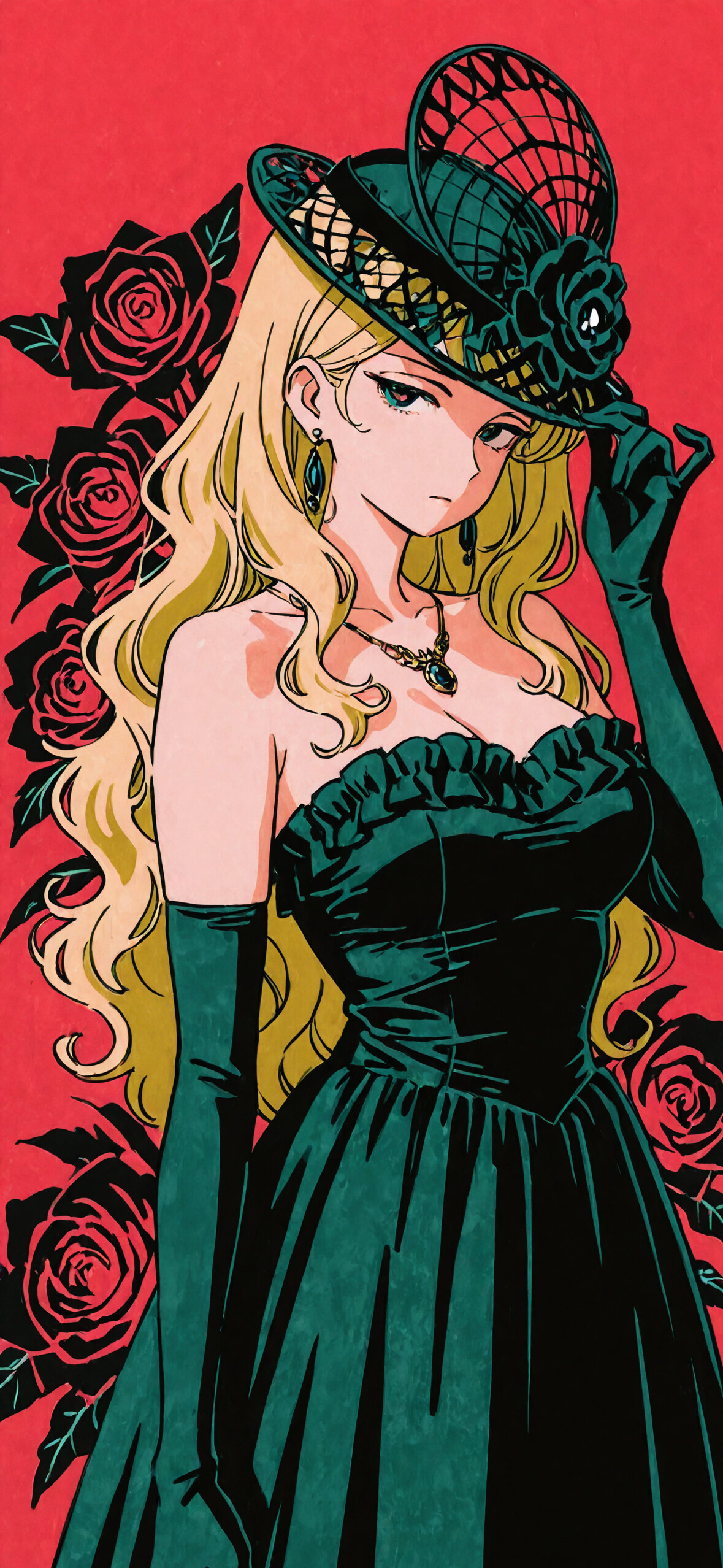 A beautiful anime-style illustration of a woman with long blonde hair wearing a black strapless gown, black gloves, and a fascinator hat, standing against a red background with black lilies.