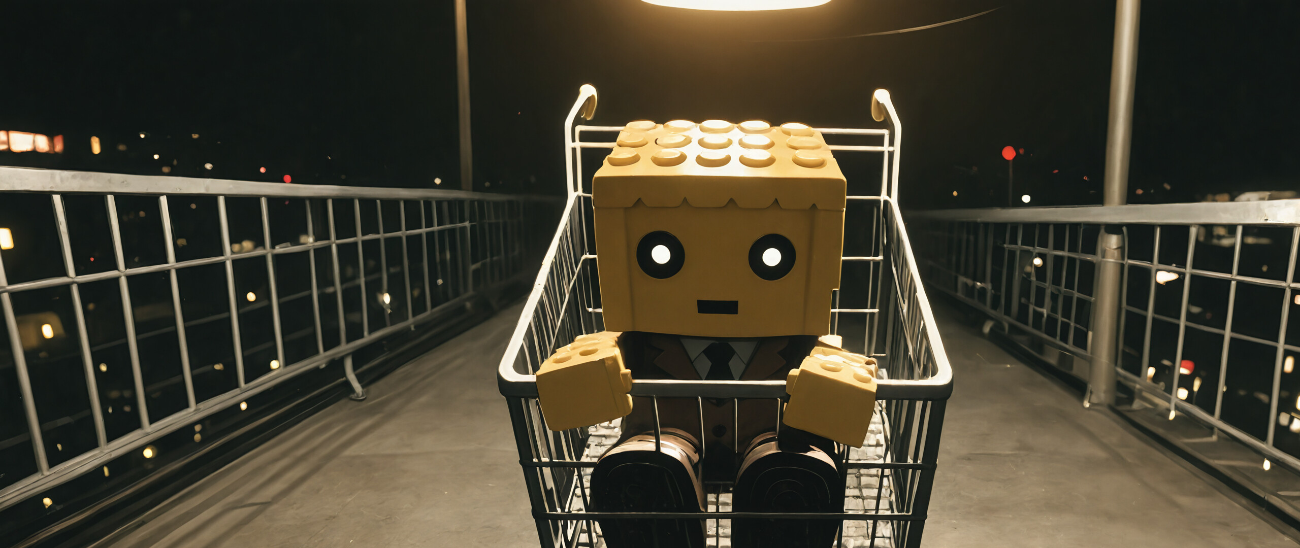 A character with a large yellow block head wearing a brown suit sits inside a shopping cart on a city street at night.